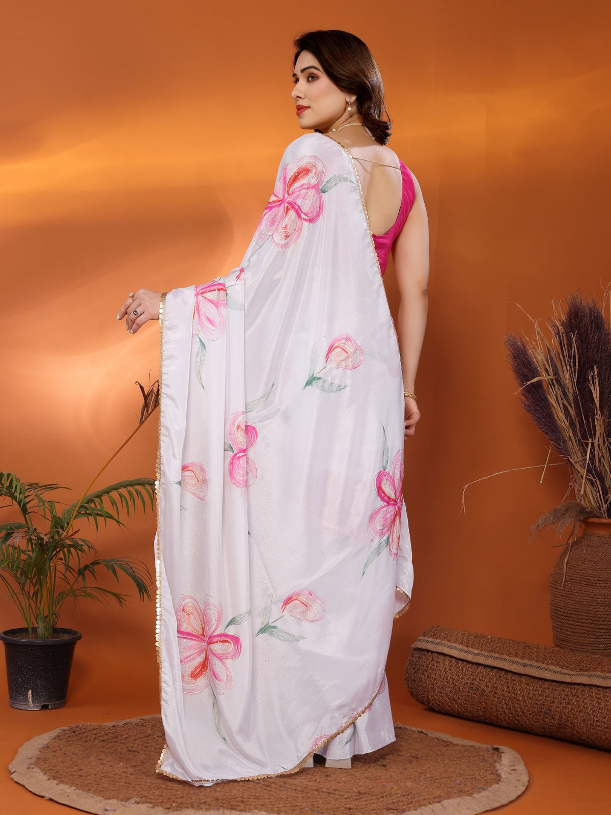 White Chinon Chiffon Saree With Printed Design And Foil Work
