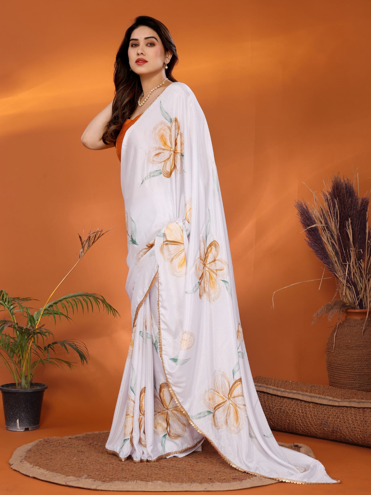 White Chinon Chiffon Saree With Printed Design And Foil Work