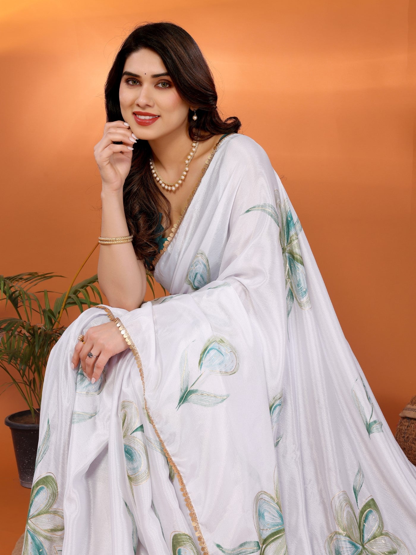 White Chinon Chiffon Saree With Printed Design And Foil Work