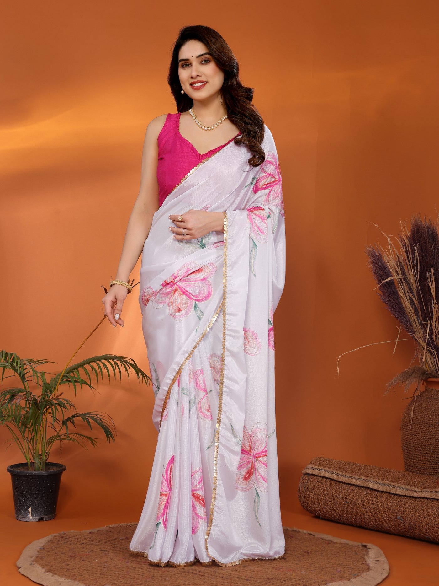 White Chinon Chiffon Saree With Printed Design And Foil Work