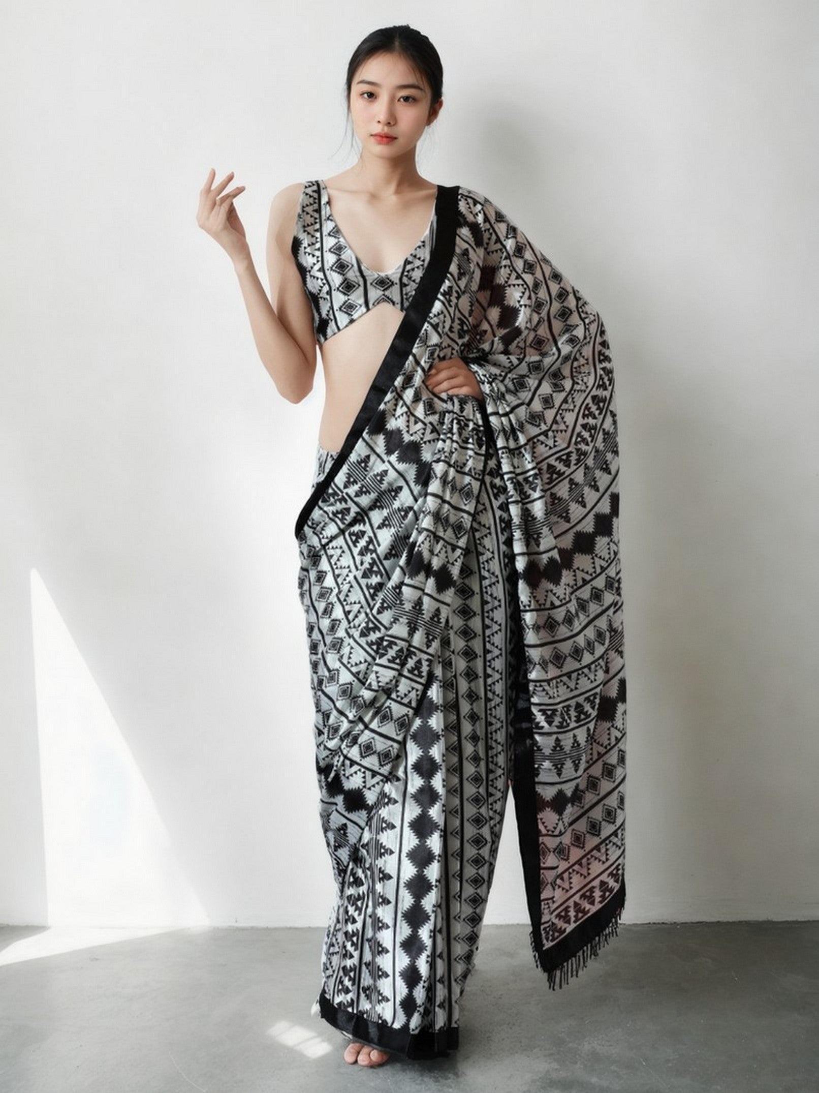 White Chinon Designer Digital Printed Ready To Wear Saree
