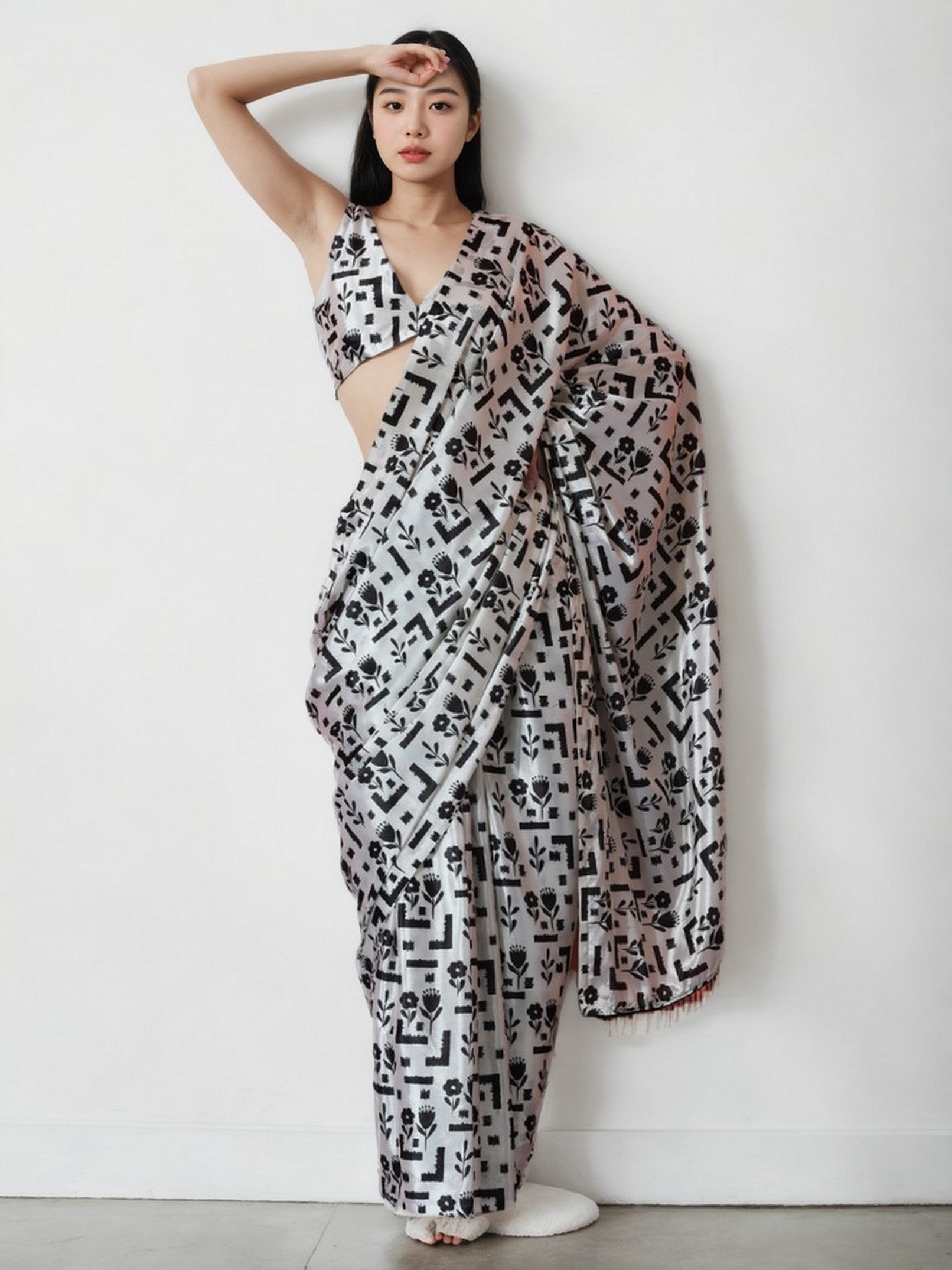 White Chinon Designer Digital Printed Ready To Wear Saree