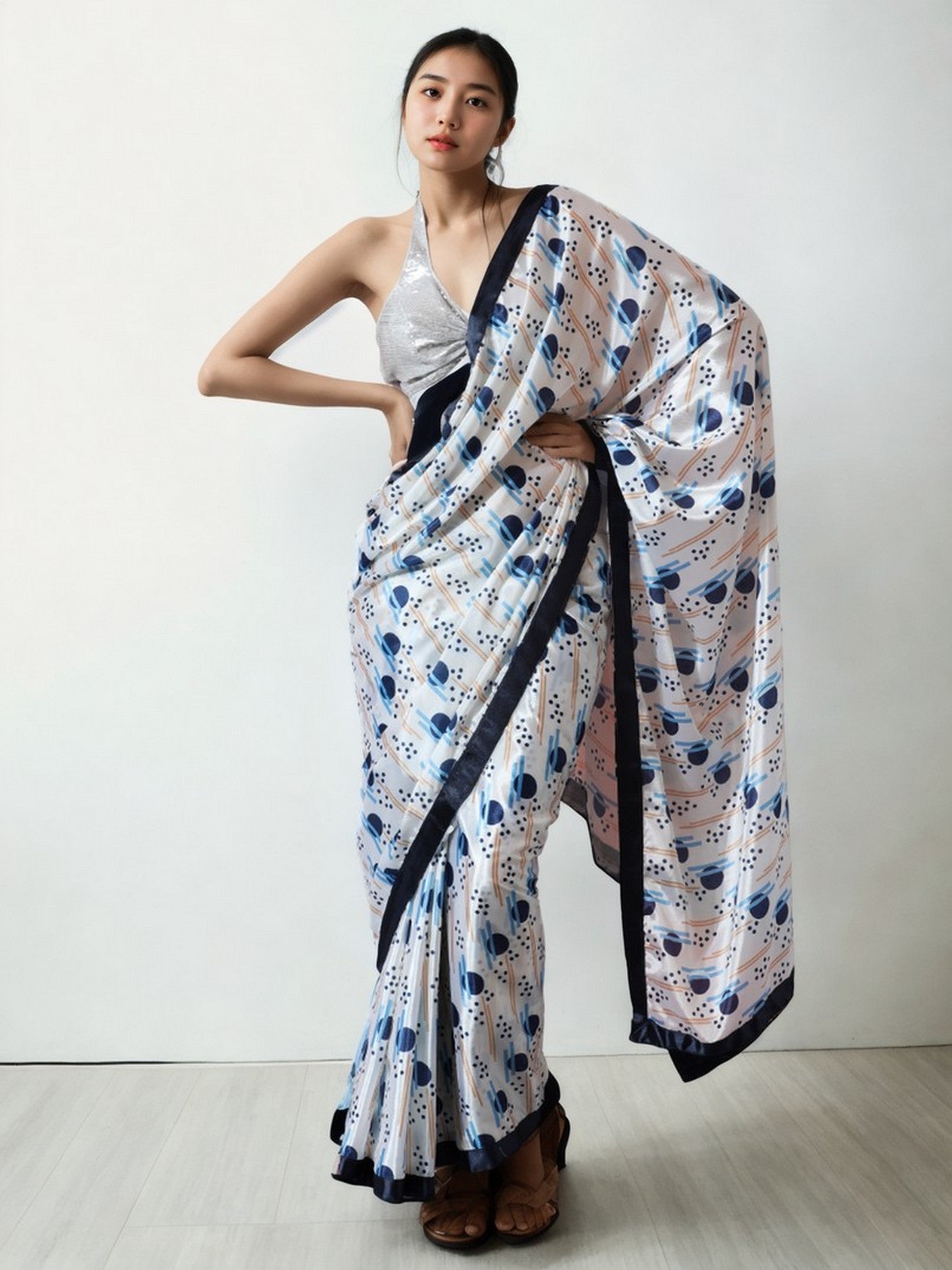 White Chinon Designer Digital Printed Ready To Wear Saree
