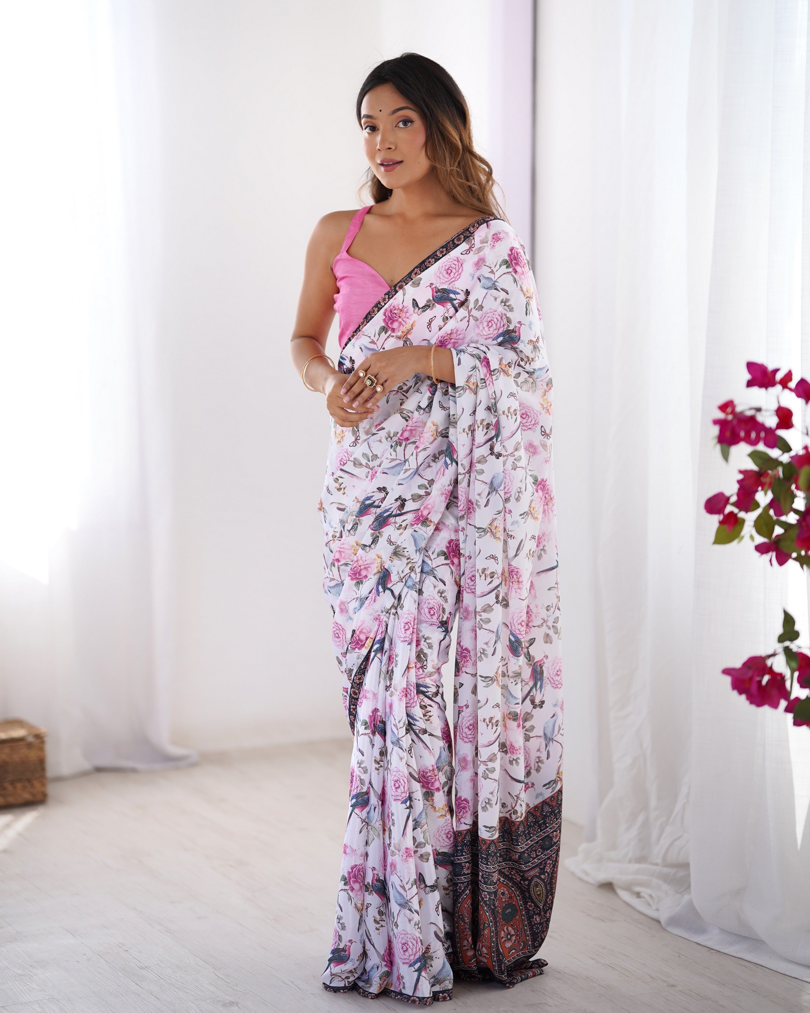 White Chinon Designer Printed Partywear Saree