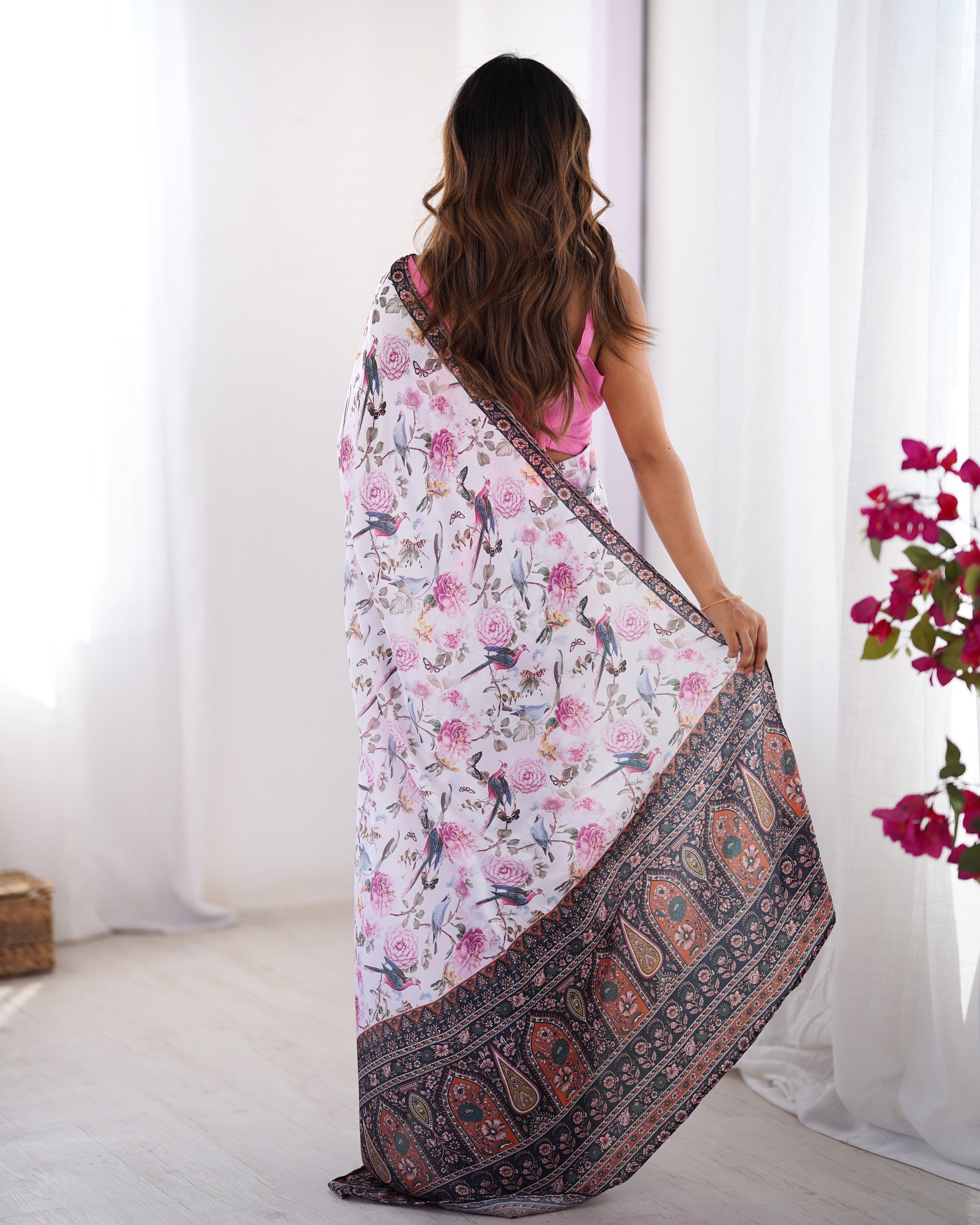 White Chinon Designer Printed Partywear Saree