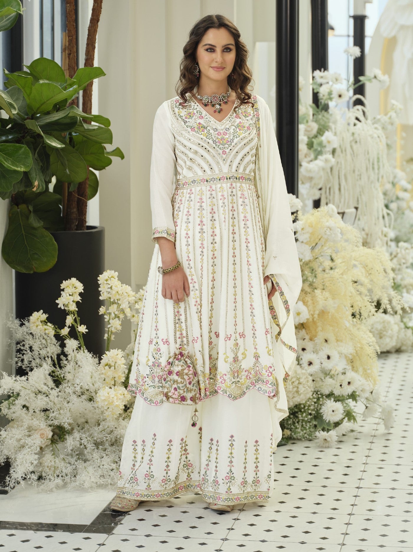 White Chinon Designer Suit Set With Elegant Embroidery