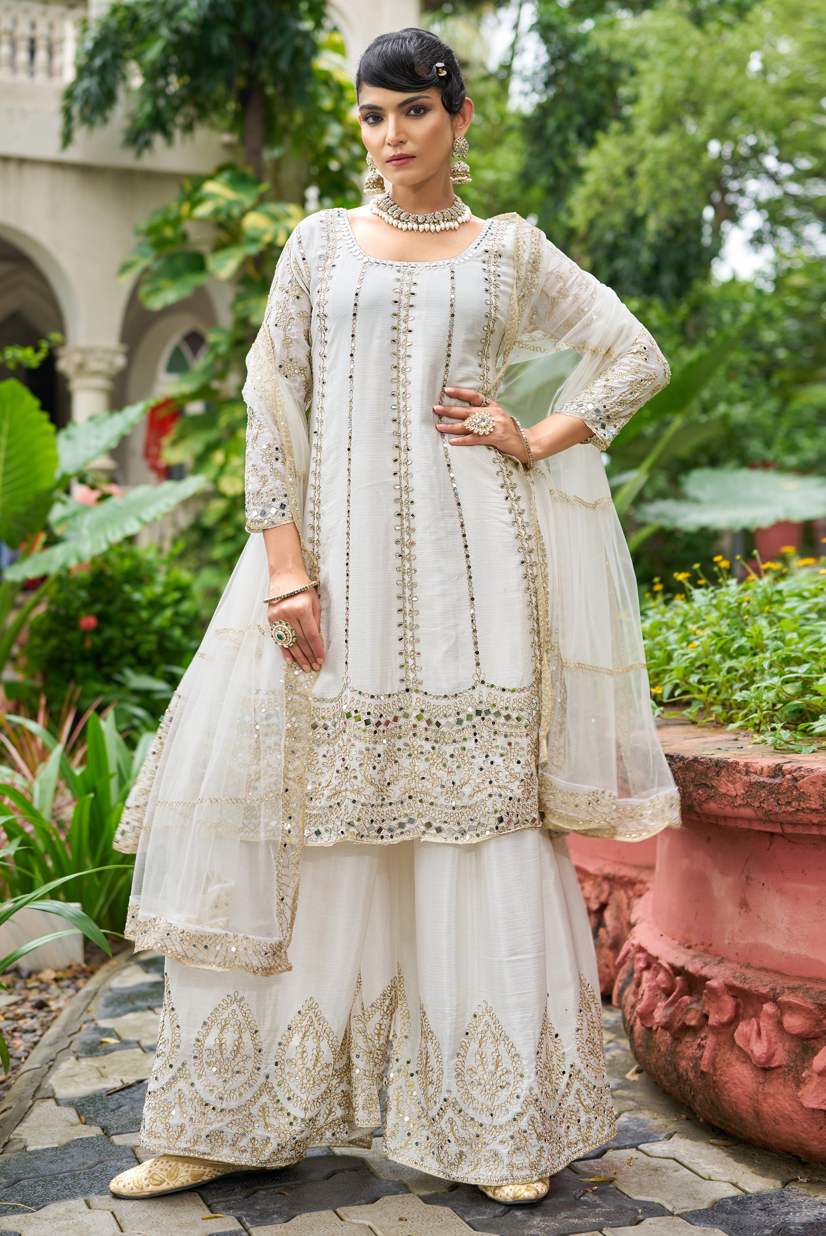 White Chinon Silk Salwar Suit With Real Mirror Work