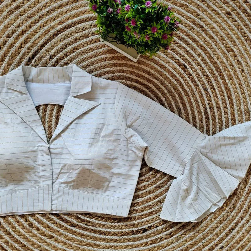 White Classic Printed Cotton Long Sleeve Blouse