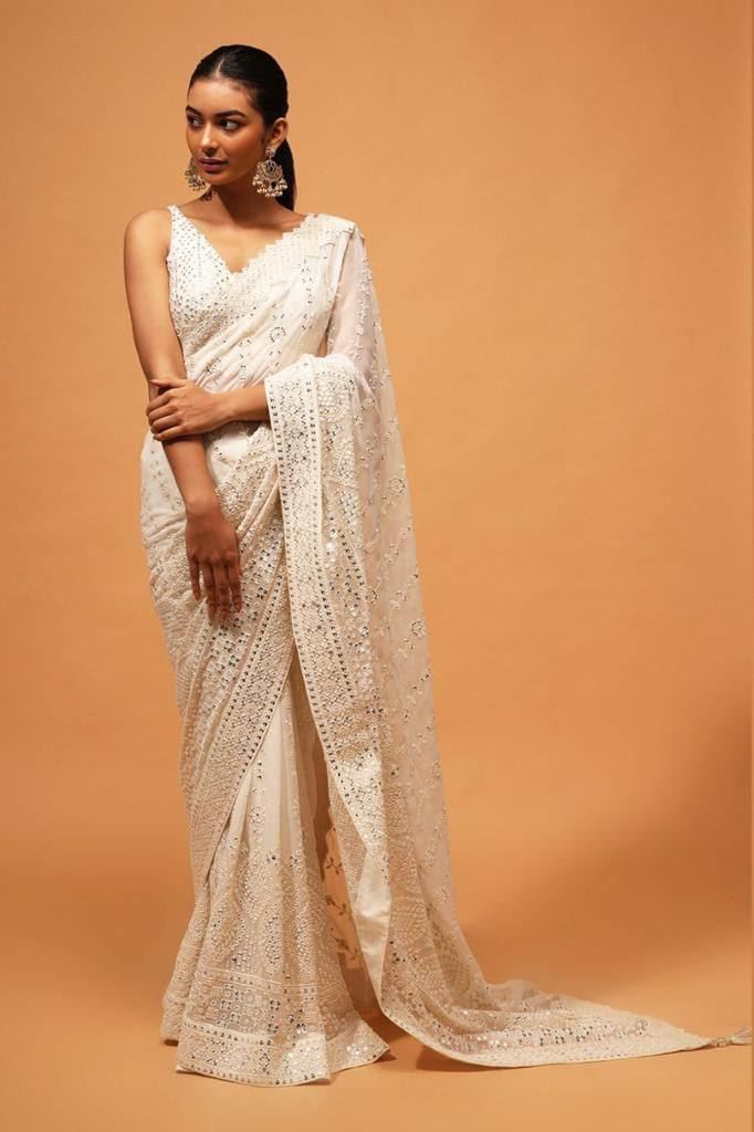 White Colour Georgette Embroidery Work Saree