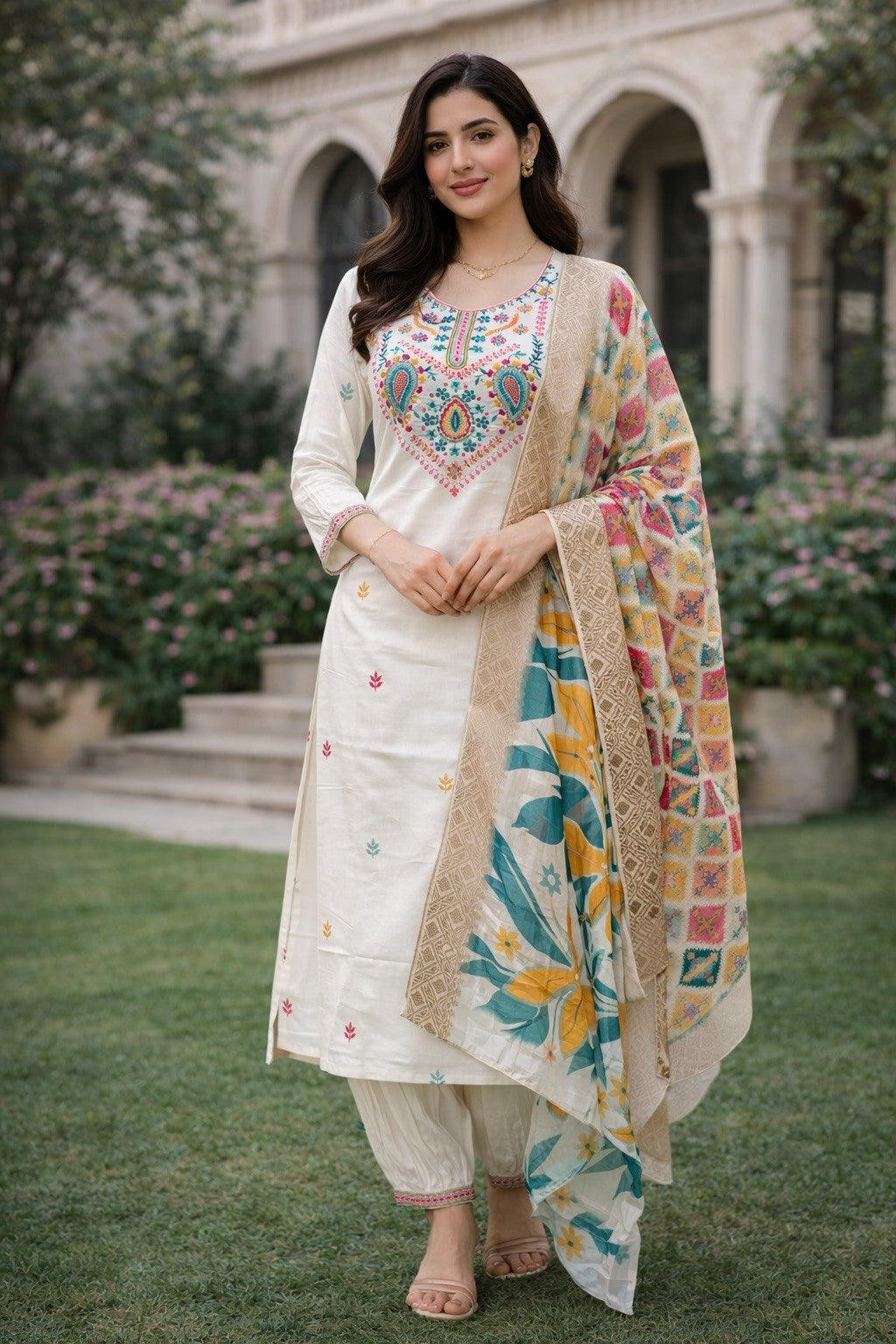 White Cotton Silk Designer Suit Set With Sequin Embroidery
