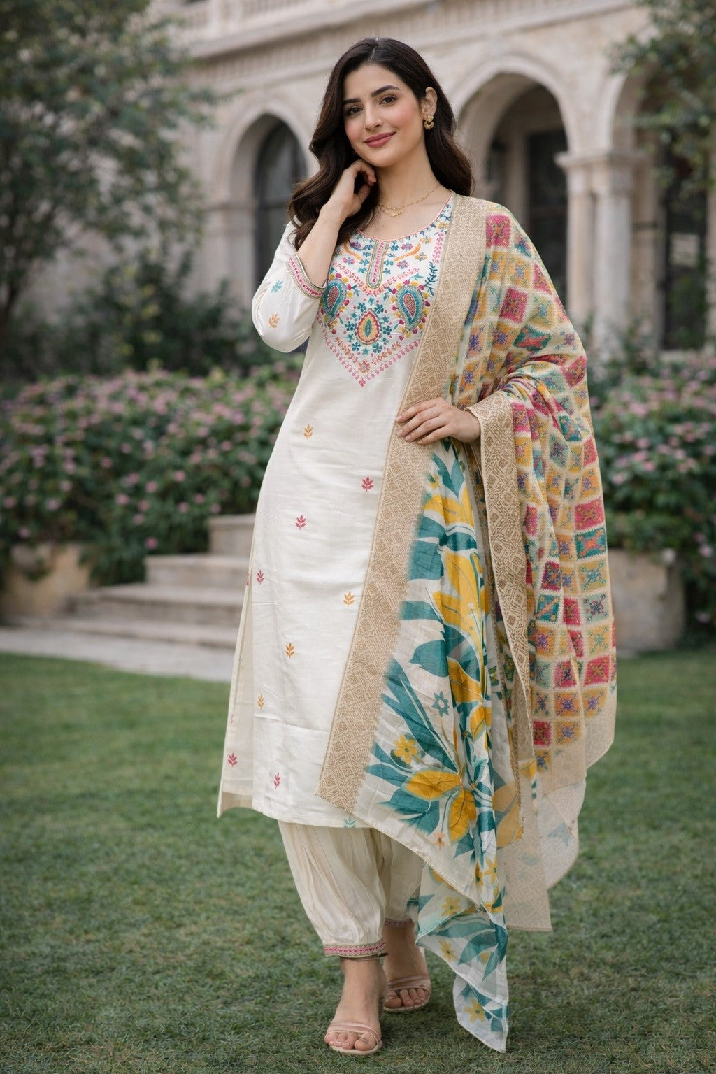 White Cotton Silk Designer Suit Set With Sequin Embroidery
