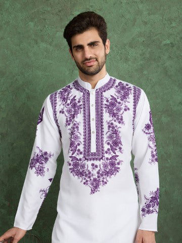 White Designer Viscose Rayon Printed Festive Kurta