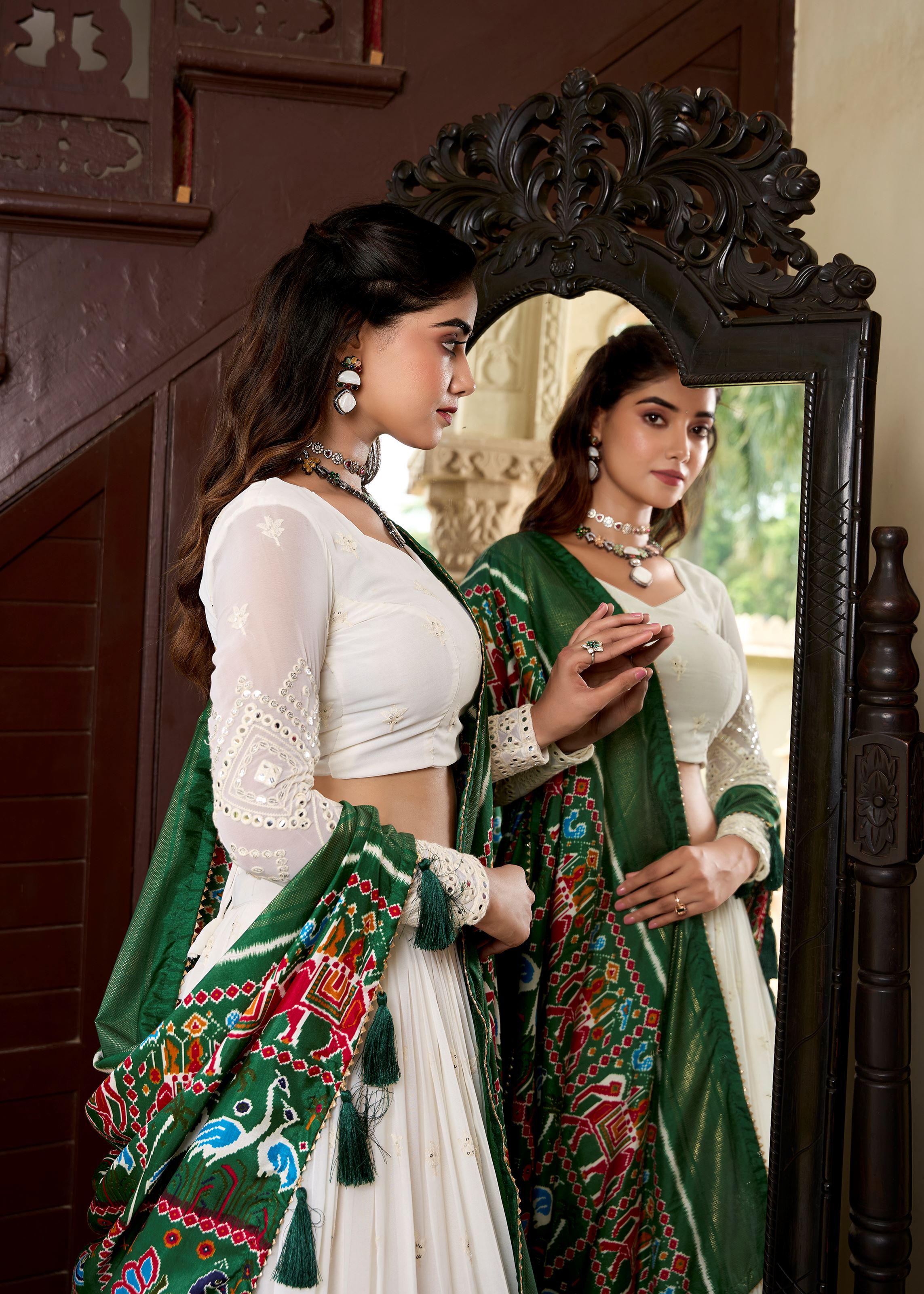 White Elegance Lucknowi Embroidered Lehenga with Subtle Mirror Highlights