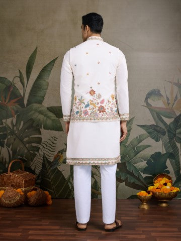 White Embroidered Kurta with Jacket for Ceremonial Look