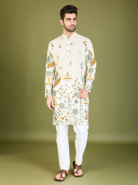 White Embroidered Kurta with Trendy Style for Celebrity Look