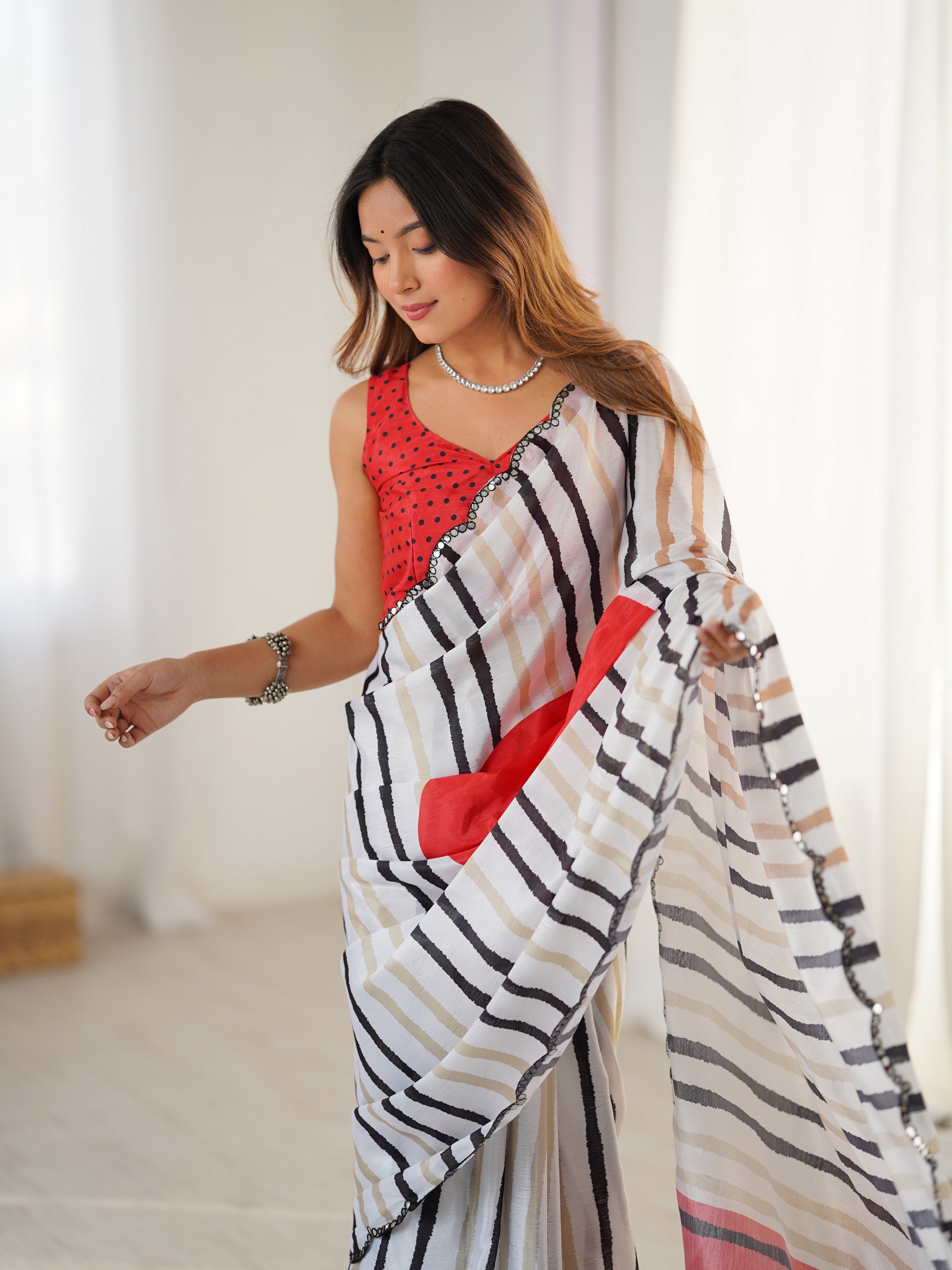 White Ethnic Partywear Digital Printed Saree With Stylish Cut Border