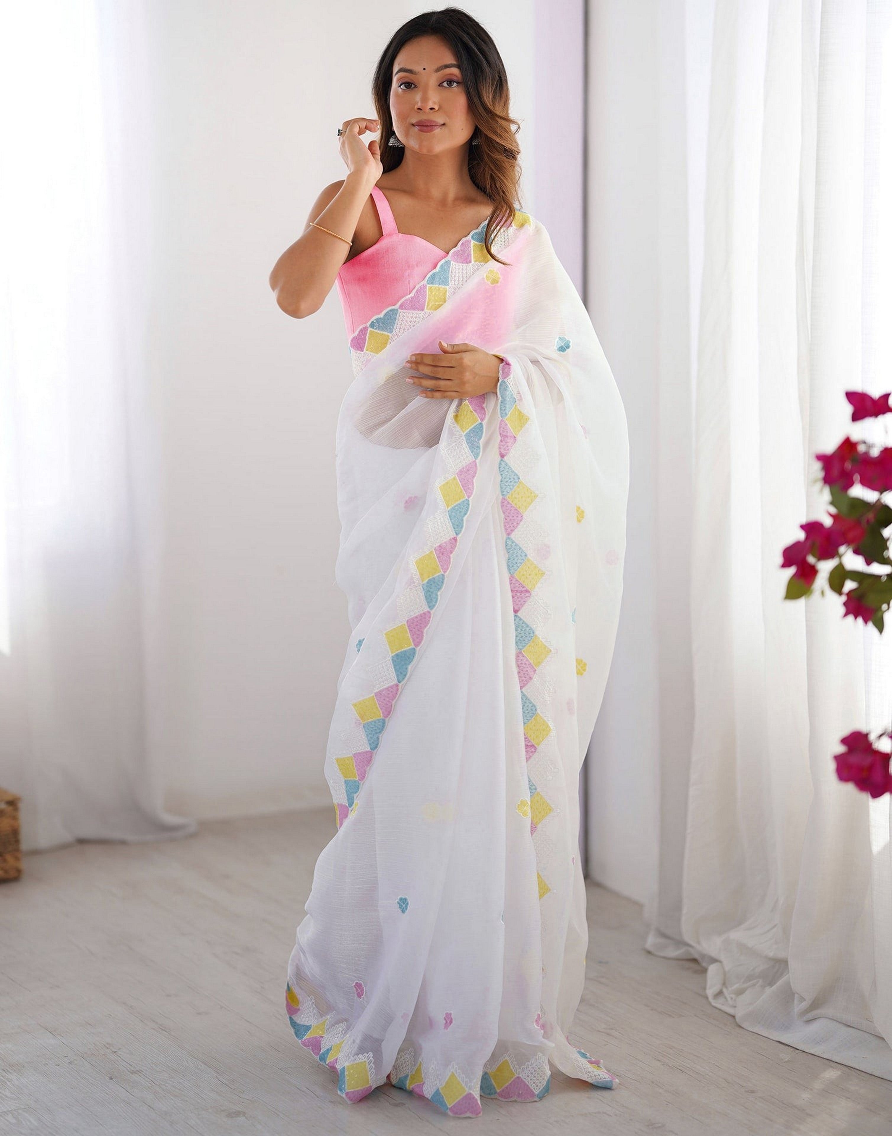 White Fancy Embroidery Work Jimmy Choo Girlie Bollywood Saree