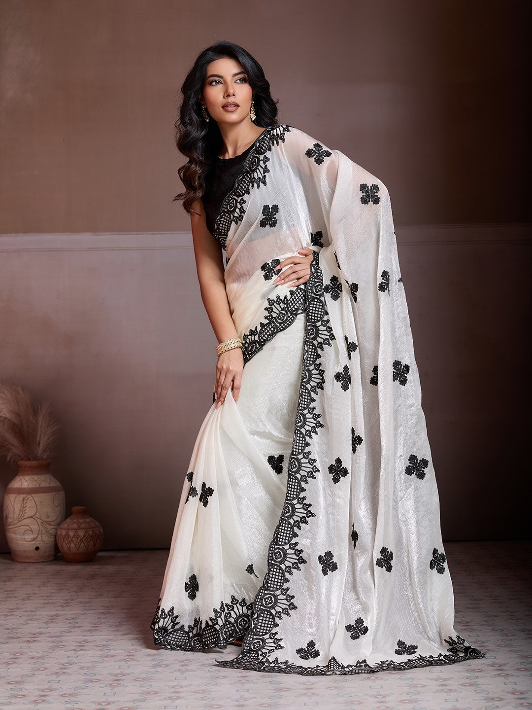 White Fendy Chiffon Saree With Embroidery Elegant Classic Saree