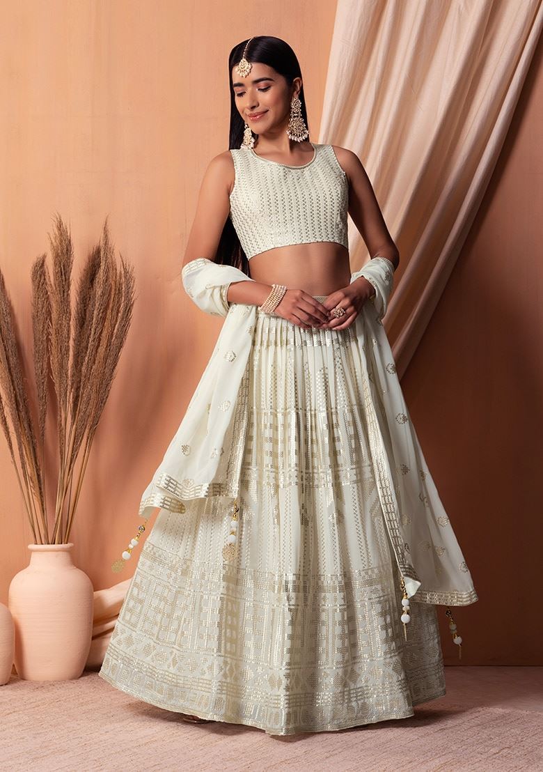 White Georgette Lehenga Choli With Sequins & Thread Embroidery Work