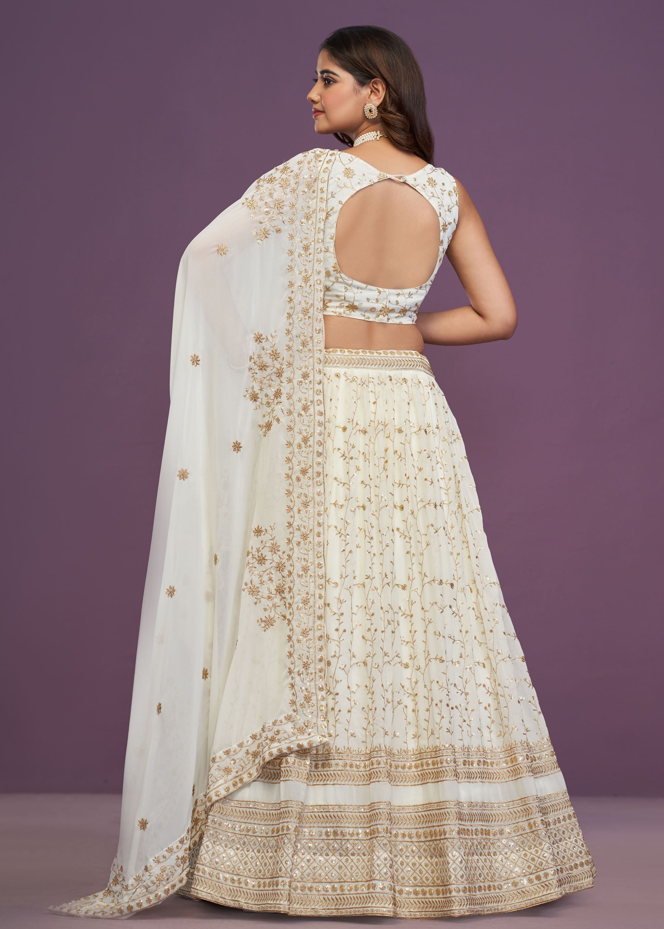 White Georgette Zari Sequence Embroidery Work Lehenga Choli