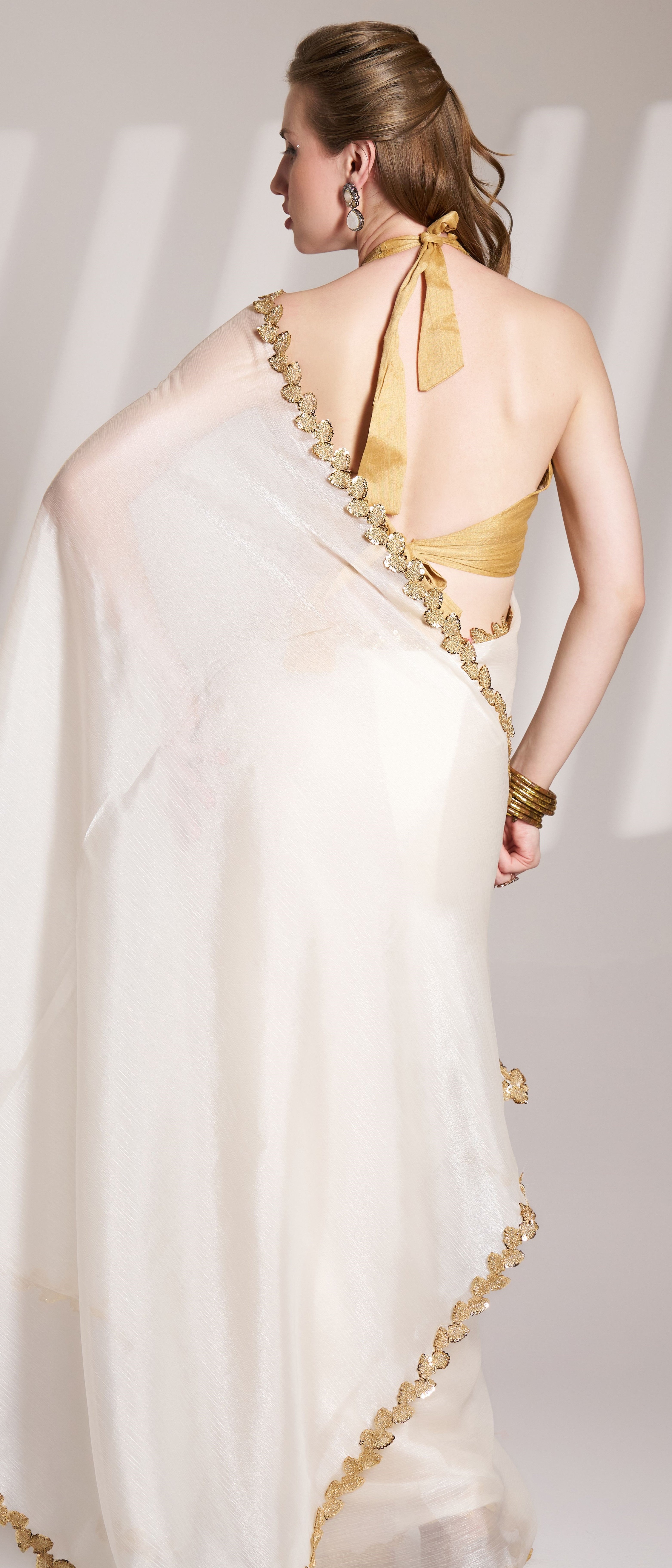 White Glamorous Bollywood Style Solid Fancy Designer Burberry Organza Saree