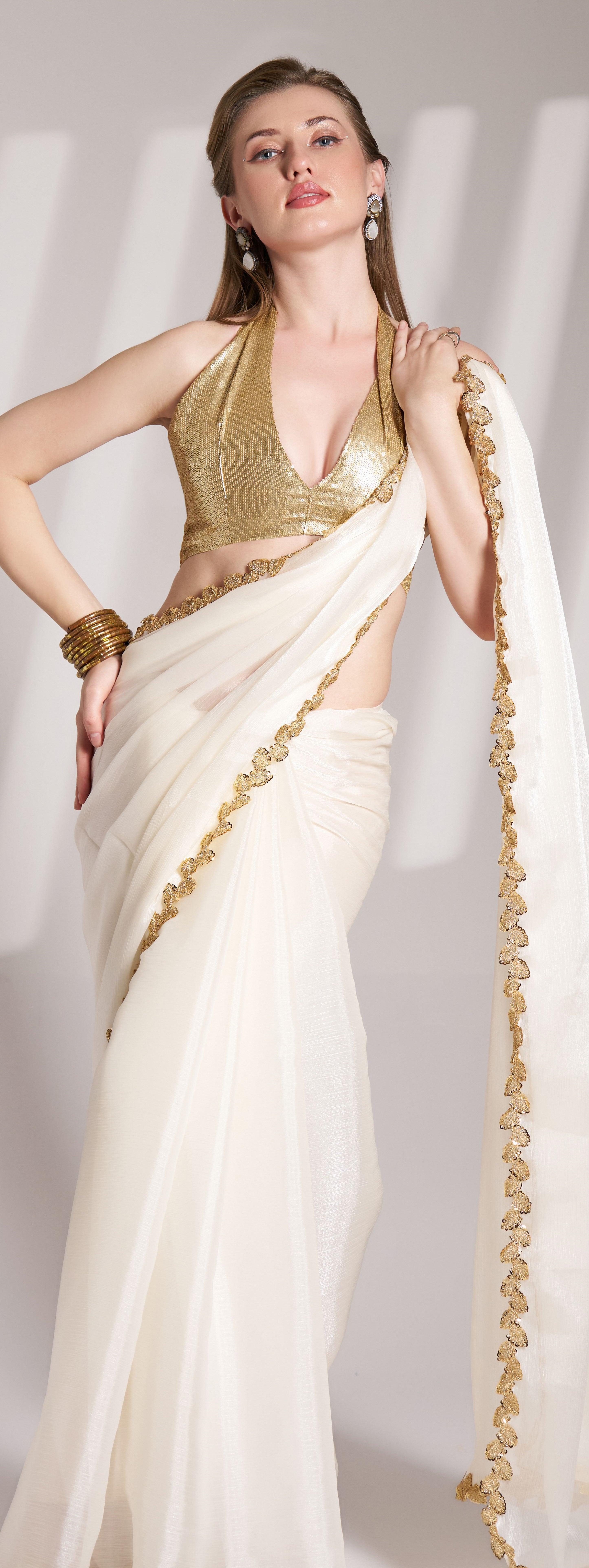 White Glamorous Bollywood Style Solid Fancy Designer Burberry Organza Saree