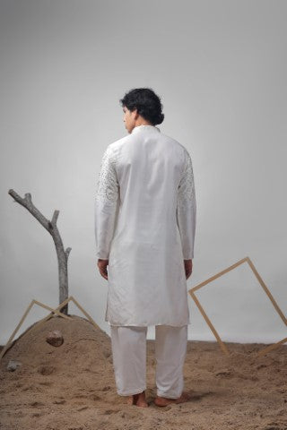 White Greek Satin Heavy Embroidered Ethnic Ceremonial Kurta Pajama