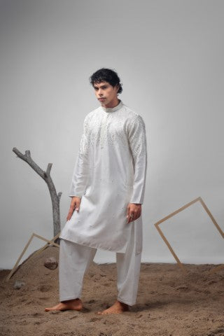 White Greek Satin Heavy Embroidered Ethnic Ceremonial Kurta Pajama