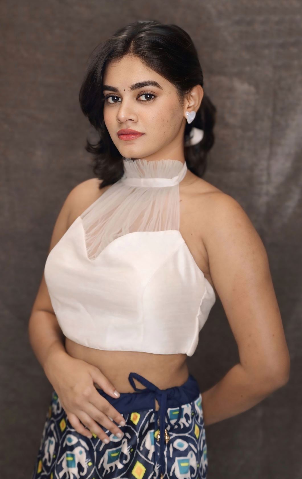 White Halter Neck Blouse with a sheer High Neckline and Sweetheart Shaped Bodice