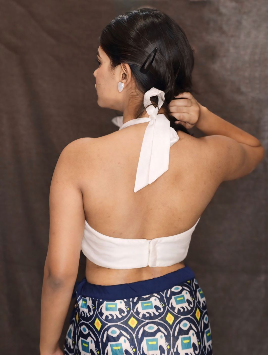 White Halter Neck Blouse with a sheer High Neckline and Sweetheart Shaped Bodice