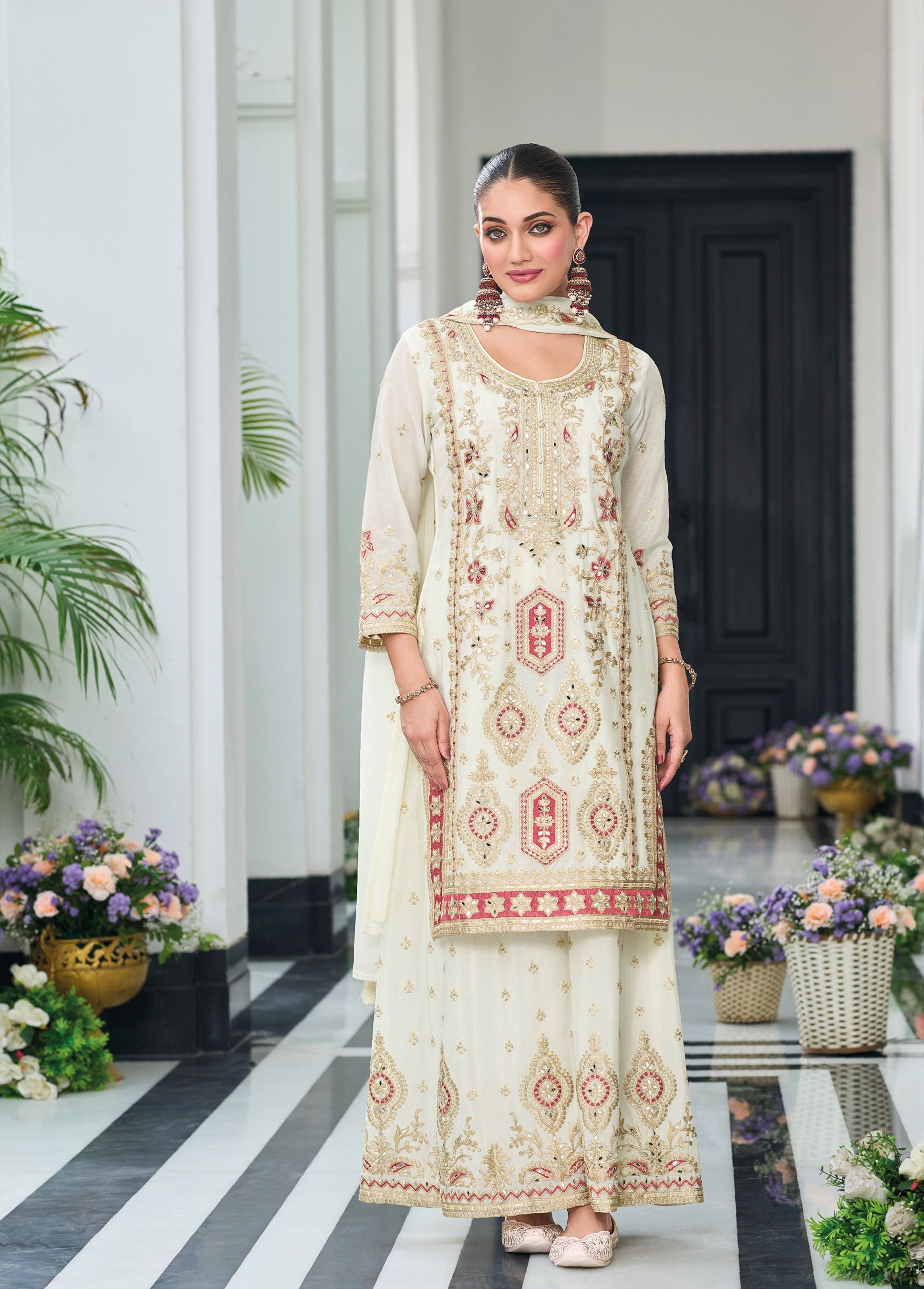 White Heavy Designer Suit With Heavy Embroidery Work