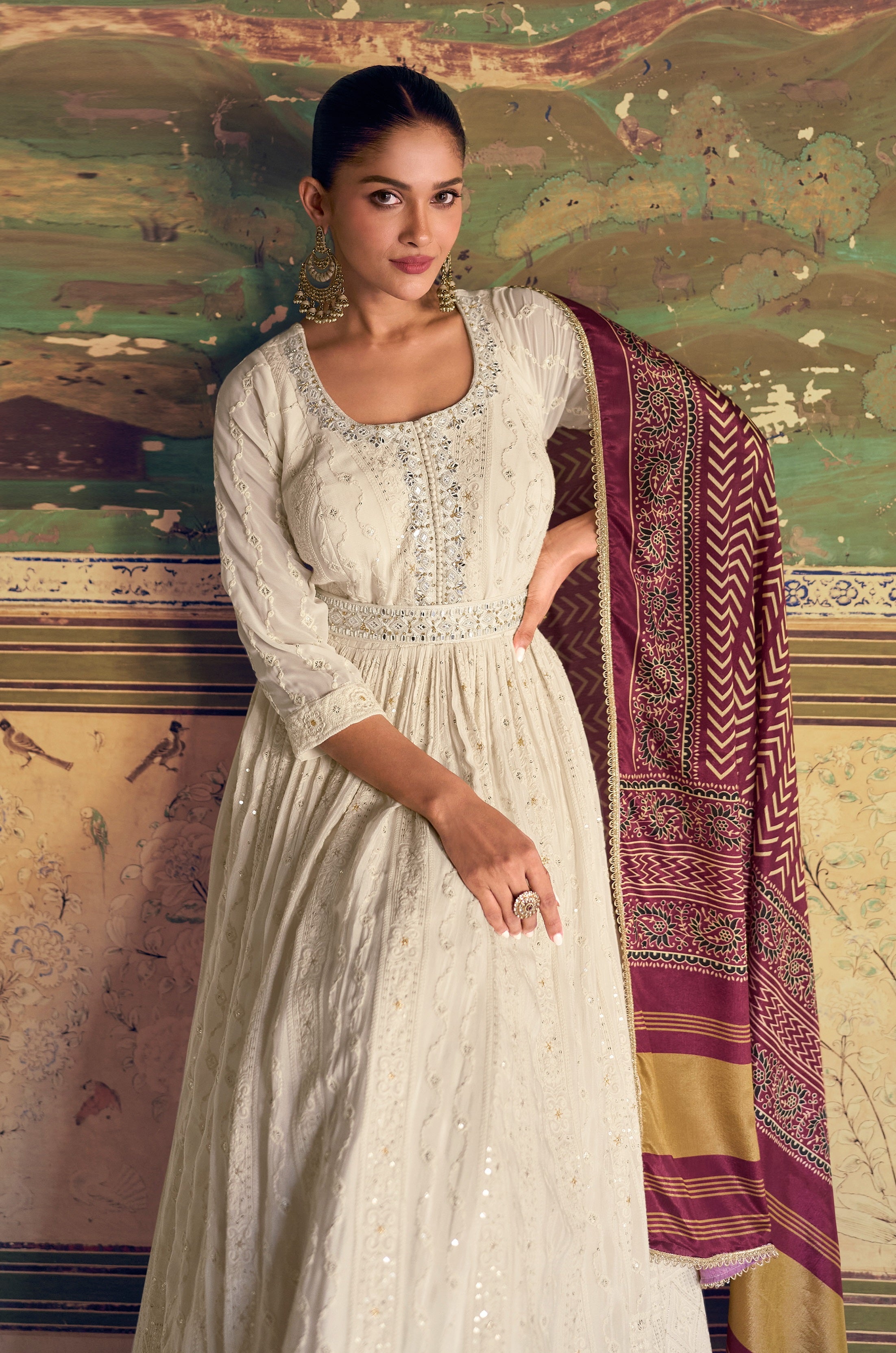 White Heavy Designer Suit With Heavy Embroidery Work