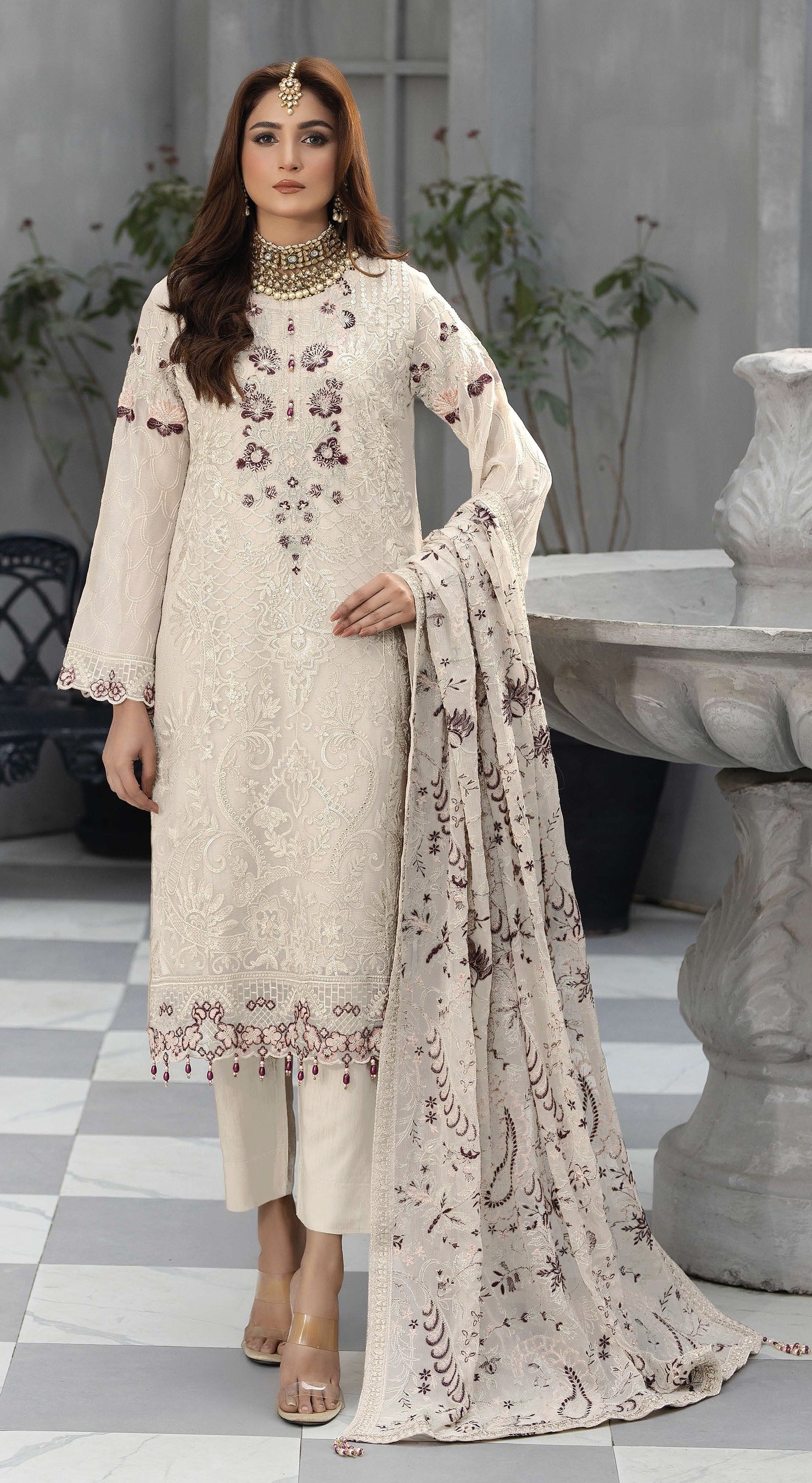 White Heavy Designer Suit With Heavy Embroidery Work