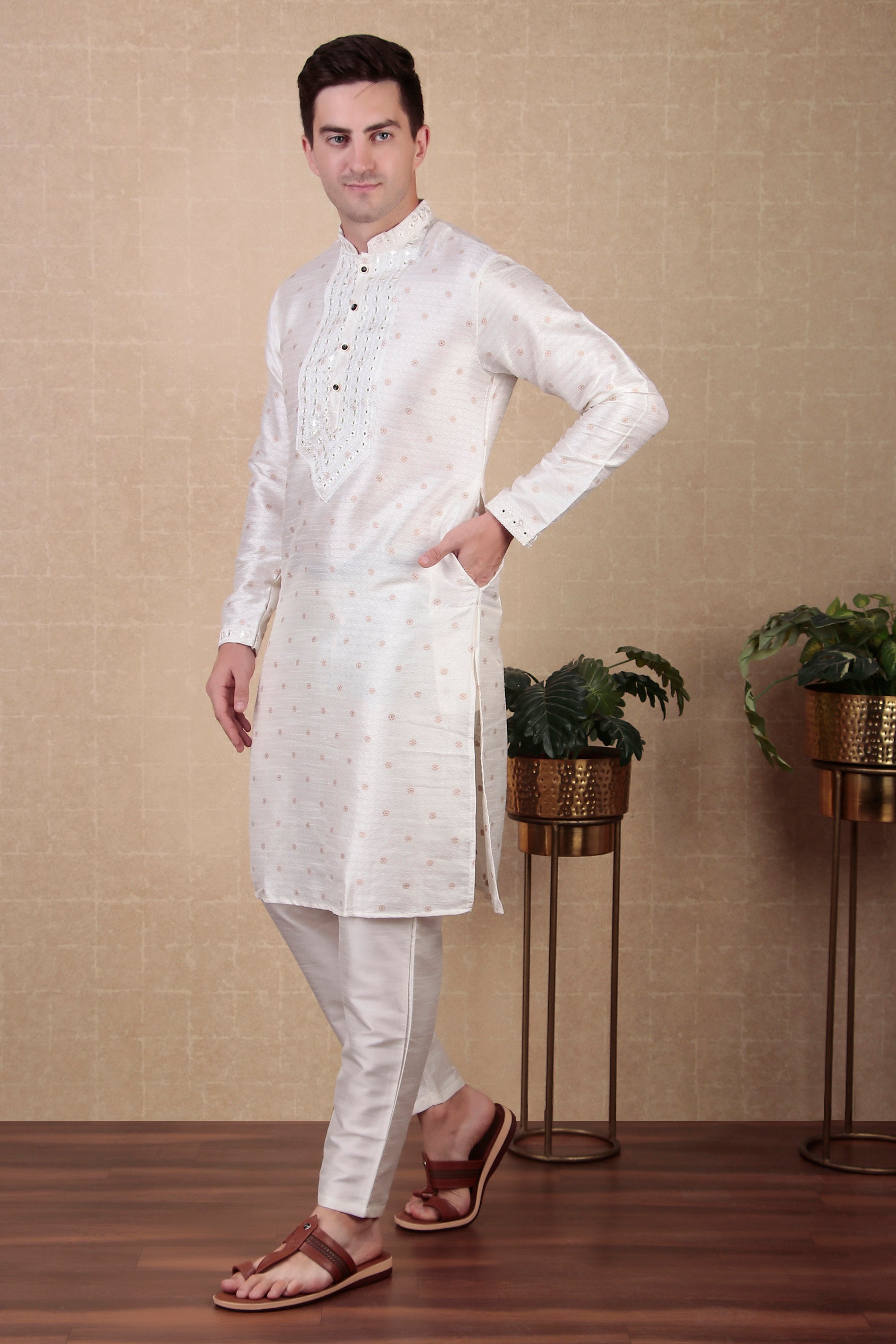 White Jacquard Silk Kurta Payjama – Classic and Elegant