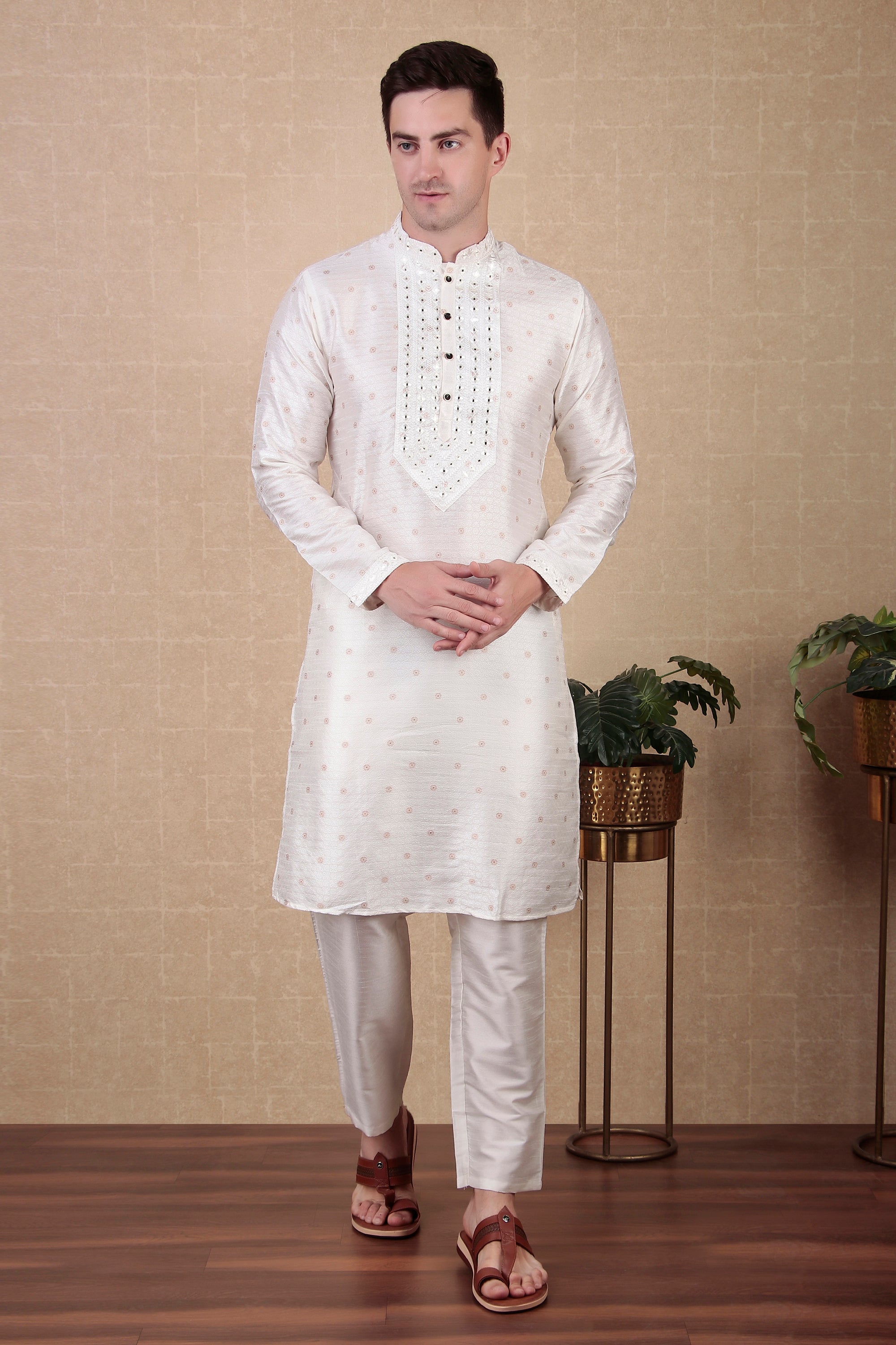White Jacquard Silk Kurta Payjama – Classic and Elegant