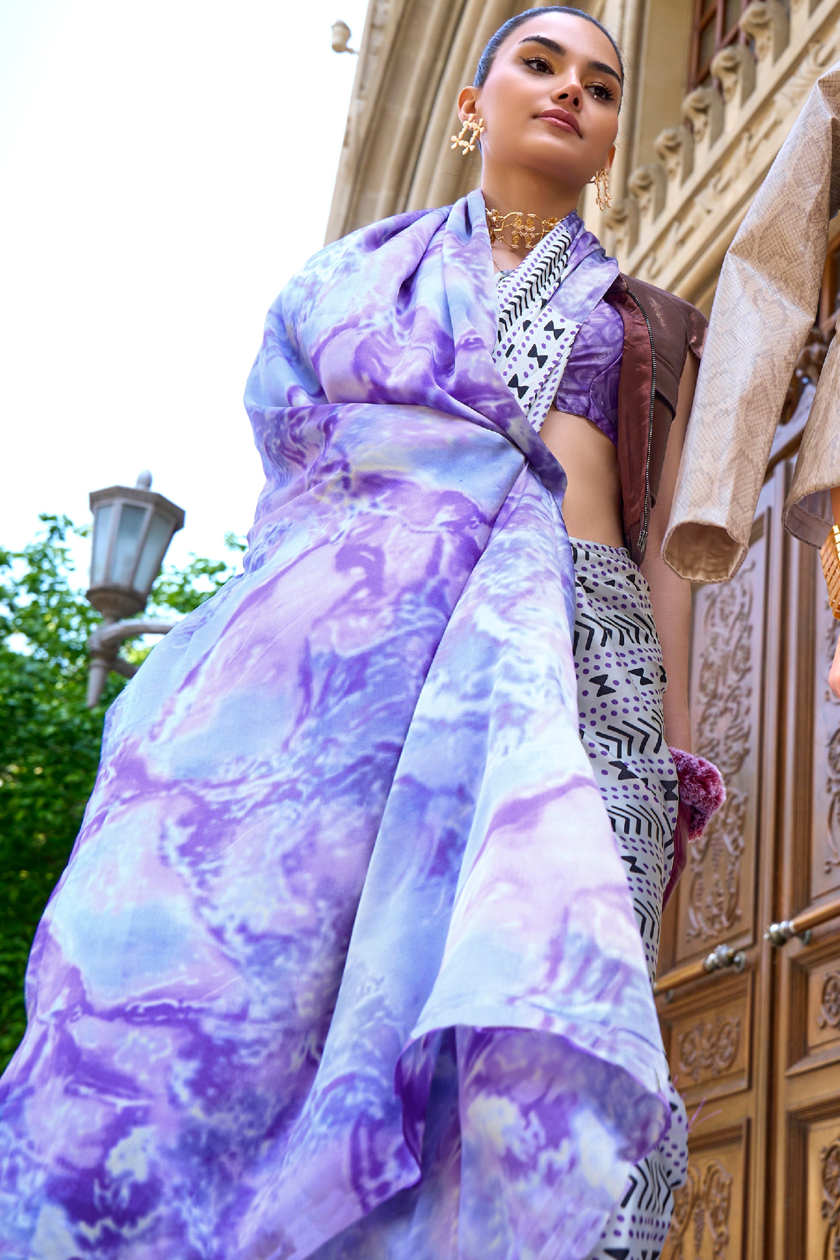 White Japan Satin Crape Saree with Printed Work