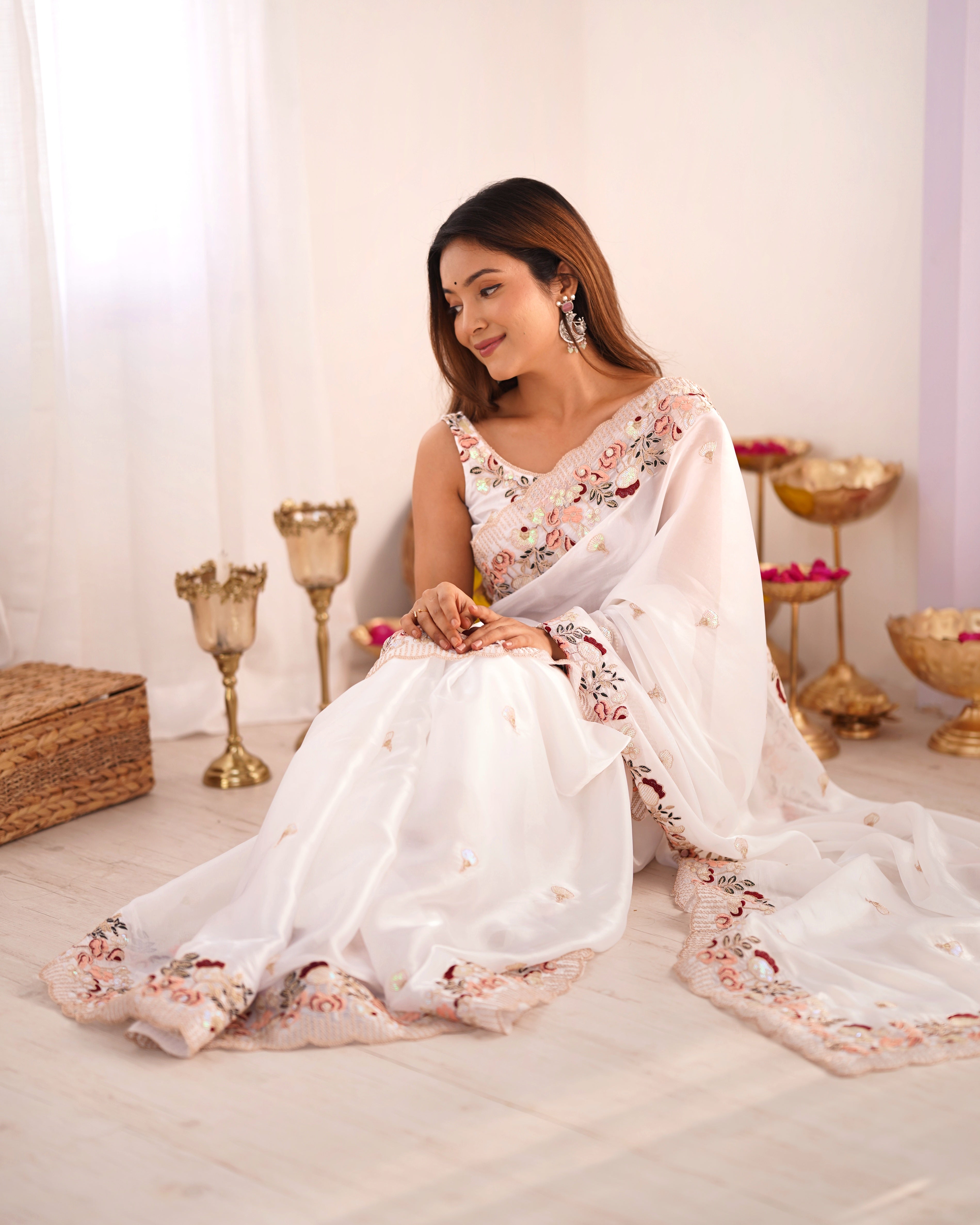 White Jimmy Choo Heavy Thread And Sequance Embroidery Work Bollywood Style Saree