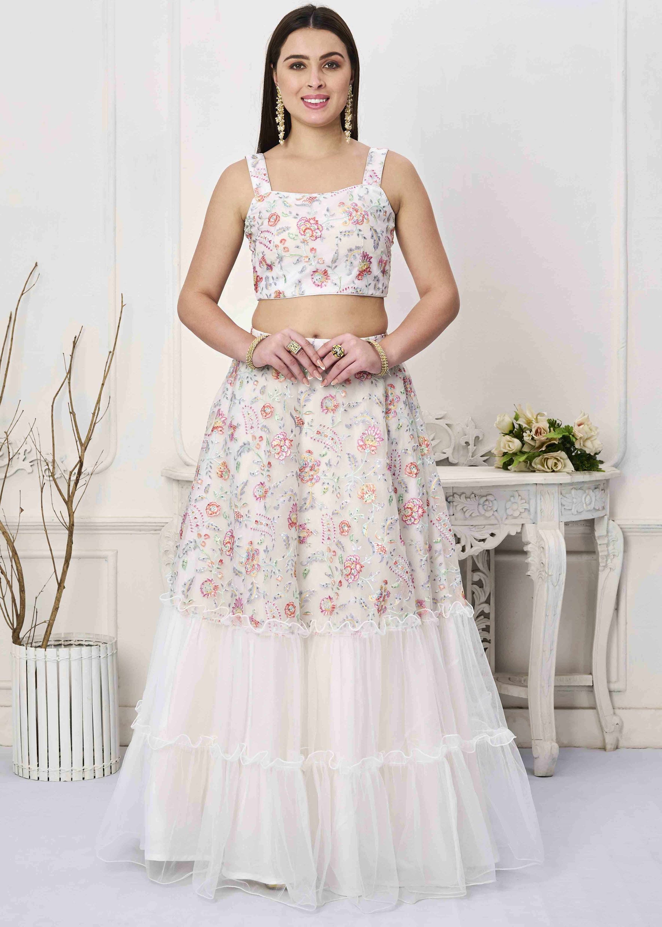 White Lehenga Choli with Thread Embroidery With Sequins Work