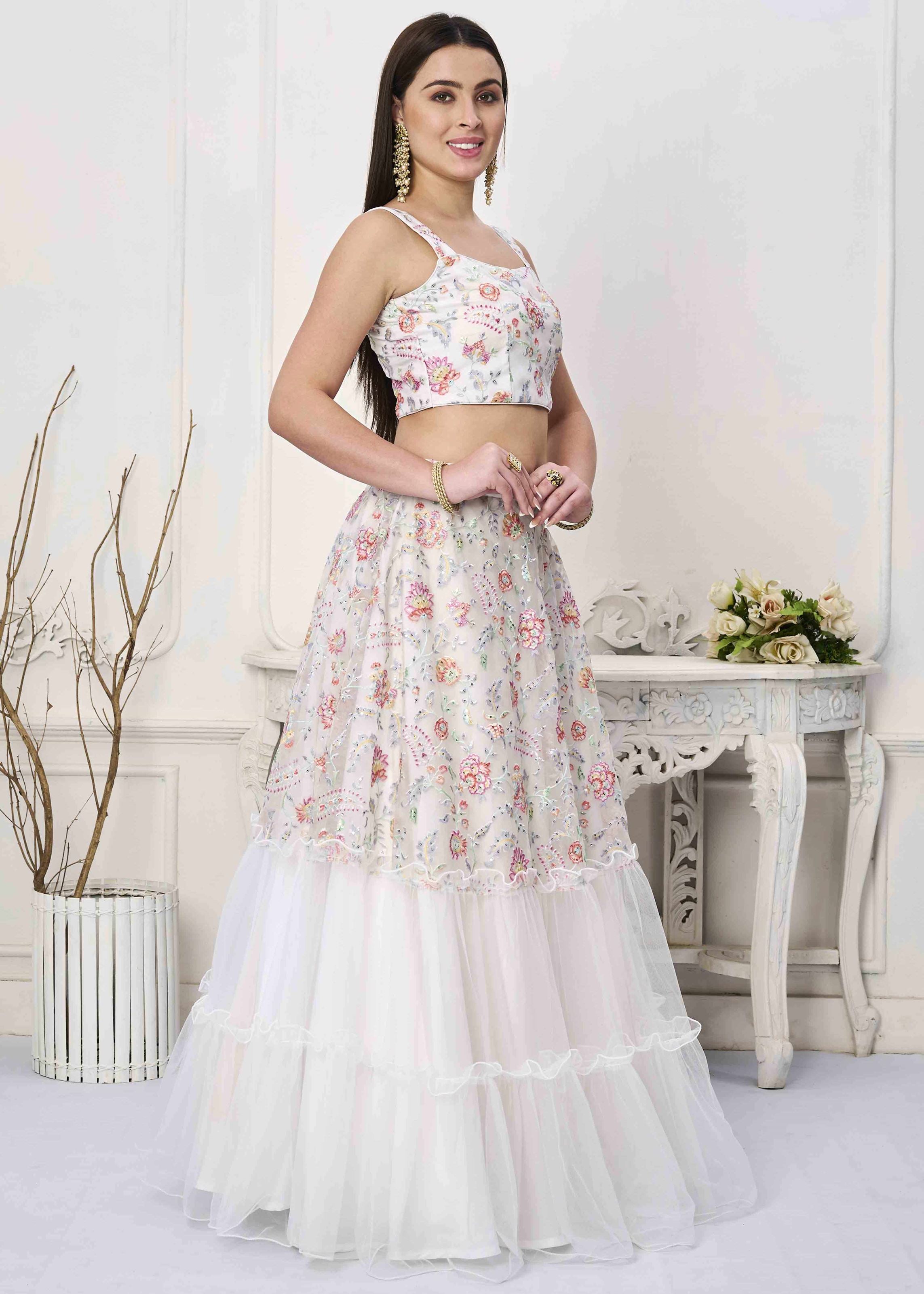White Lehenga Choli with Thread Embroidery With Sequins Work