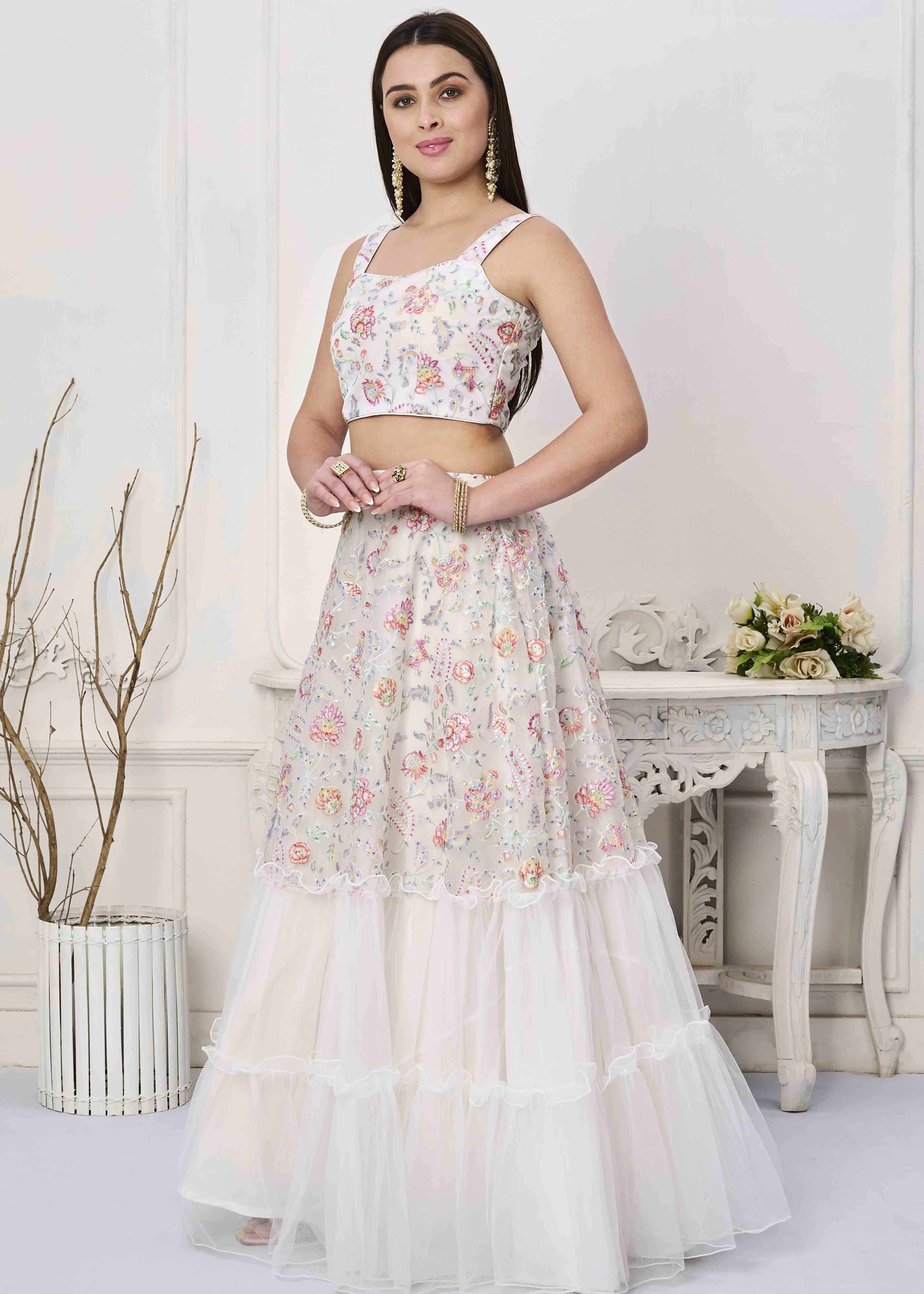 White Lehenga Choli with Thread Embroidery With Sequins Work