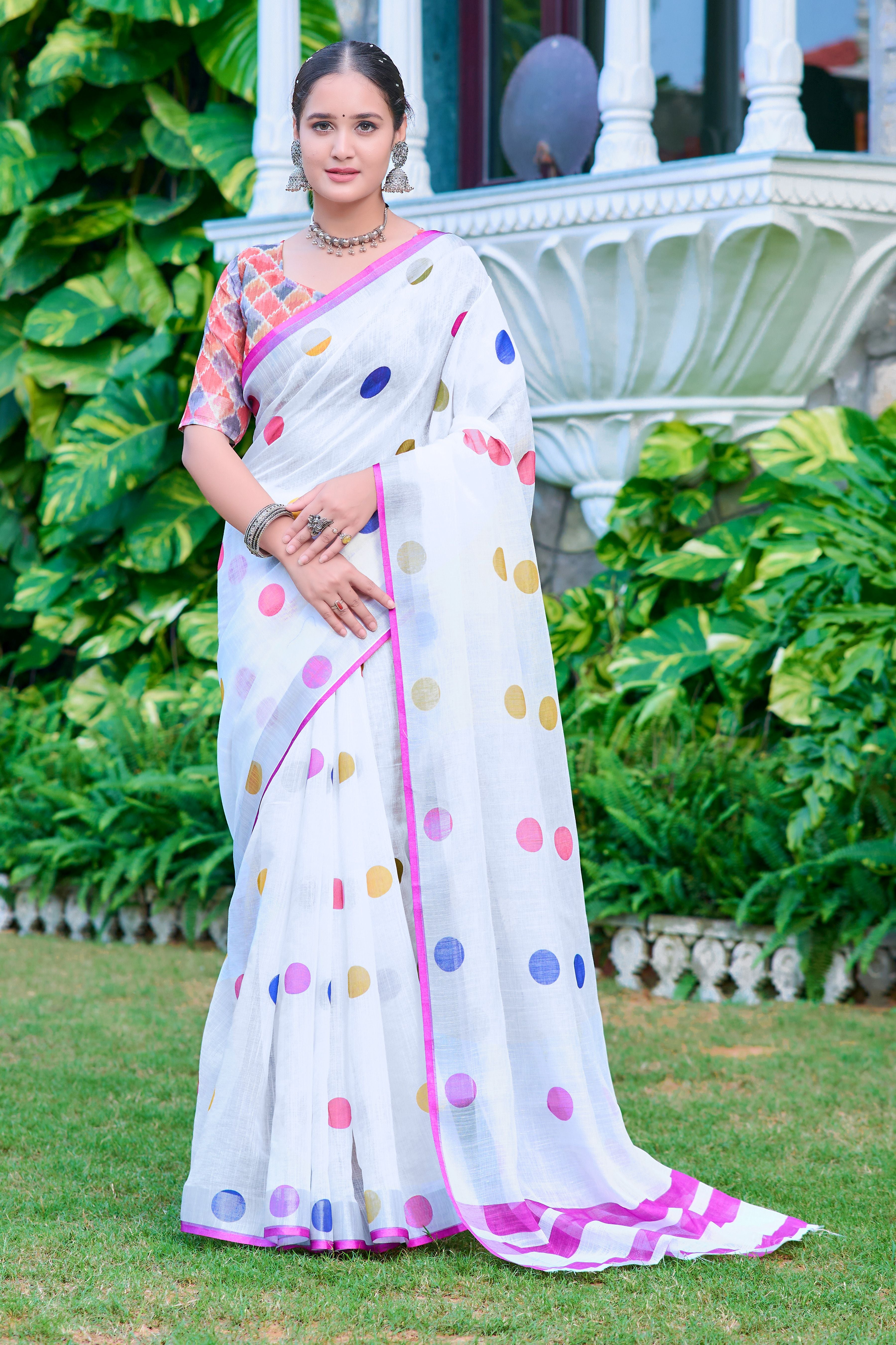 White Linen Cotton Designer Printed Ethnic Festive Saree