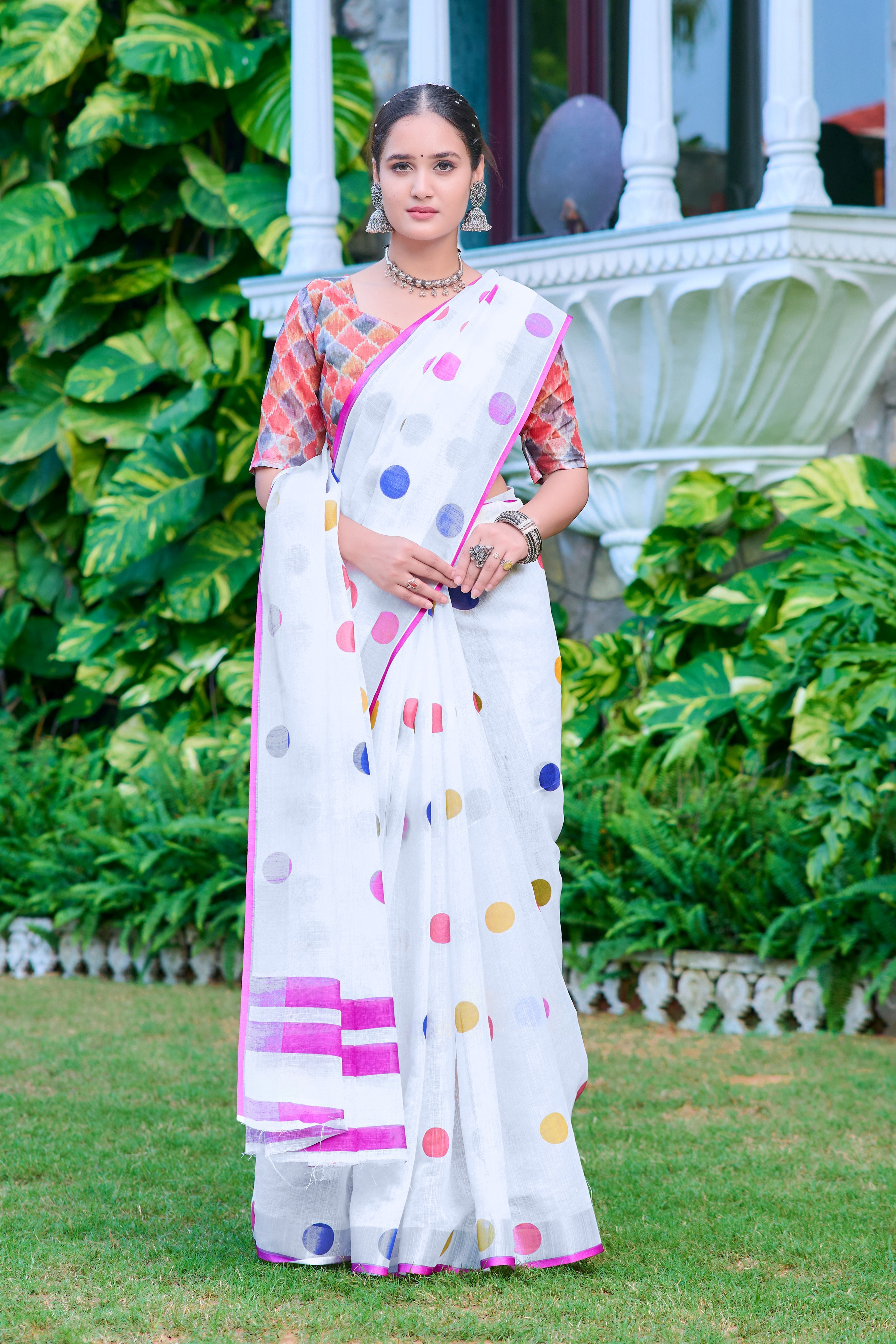 White Linen Cotton Designer Printed Ethnic Festive Saree