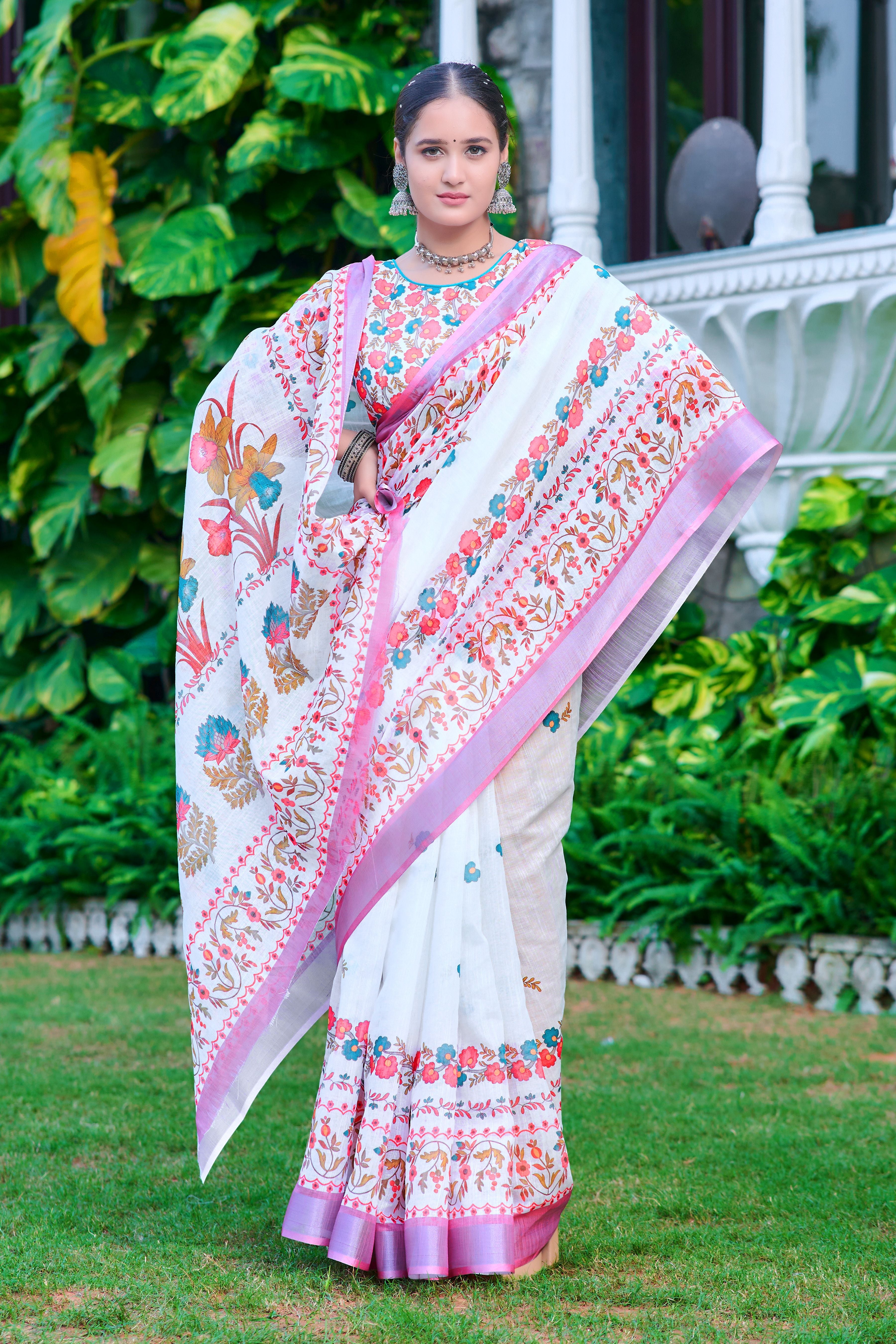 White Linen Cotton Designer Printed Ethnic Festive Saree