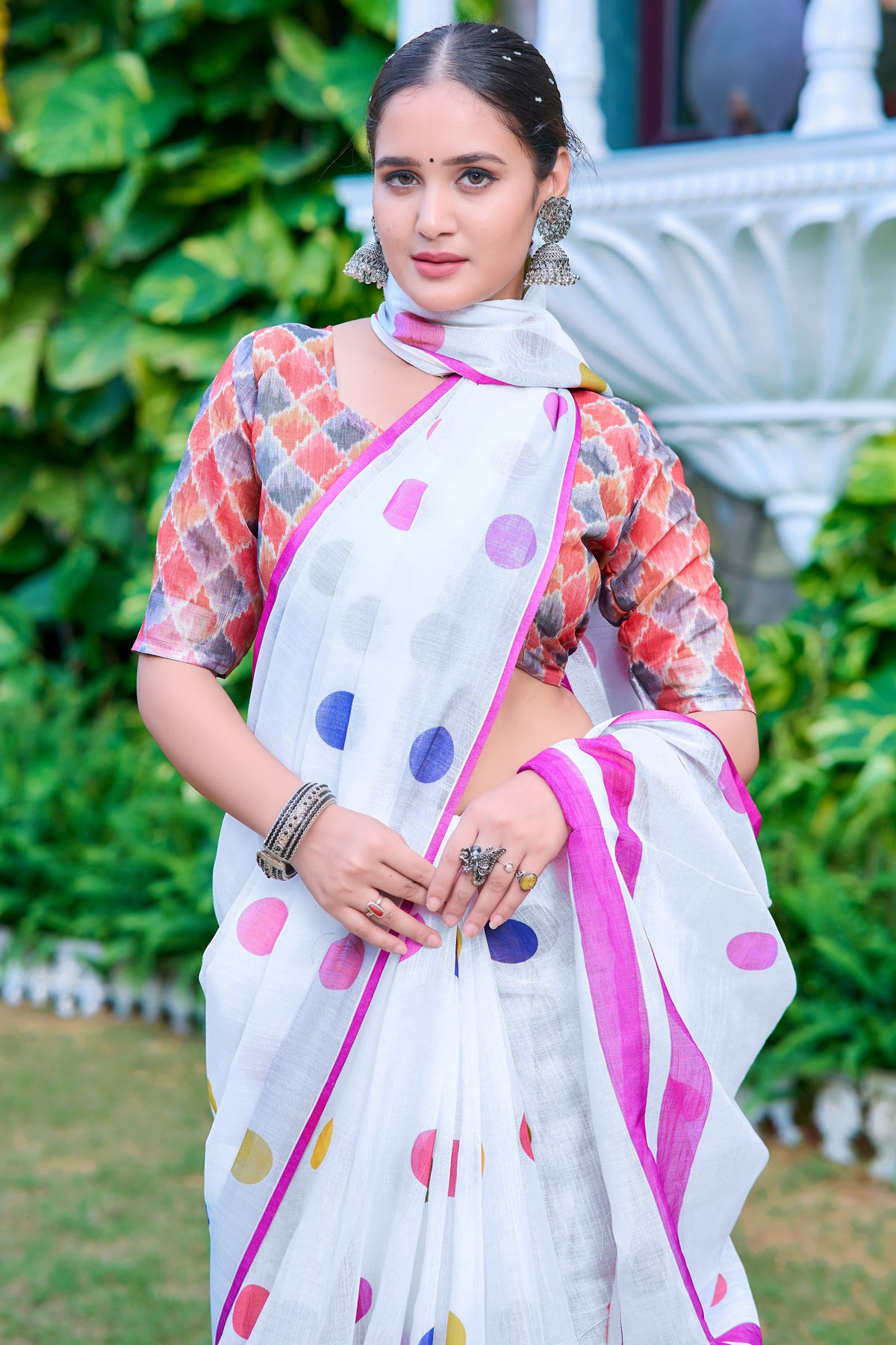 White Linen Cotton Designer Printed Ethnic Festive Saree