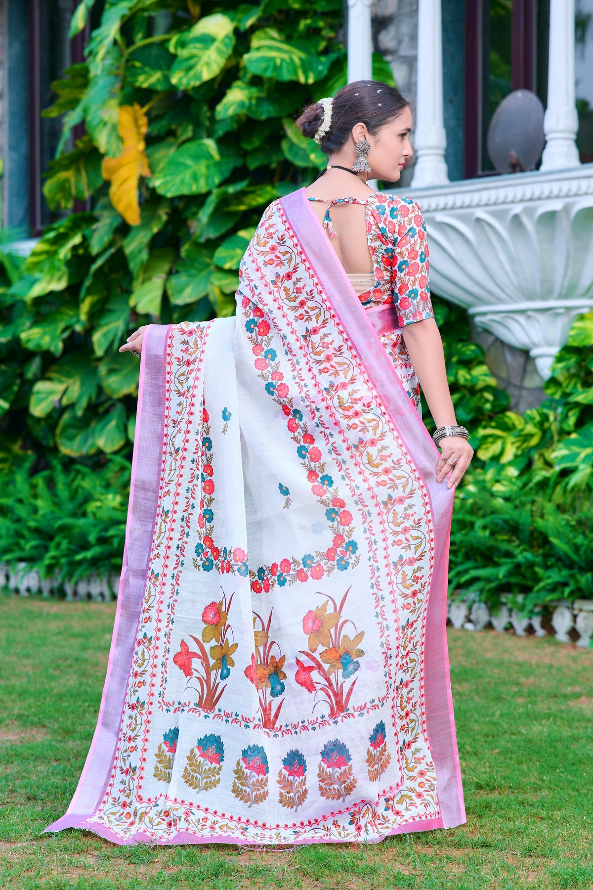 White Linen Cotton Designer Printed Ethnic Festive Saree