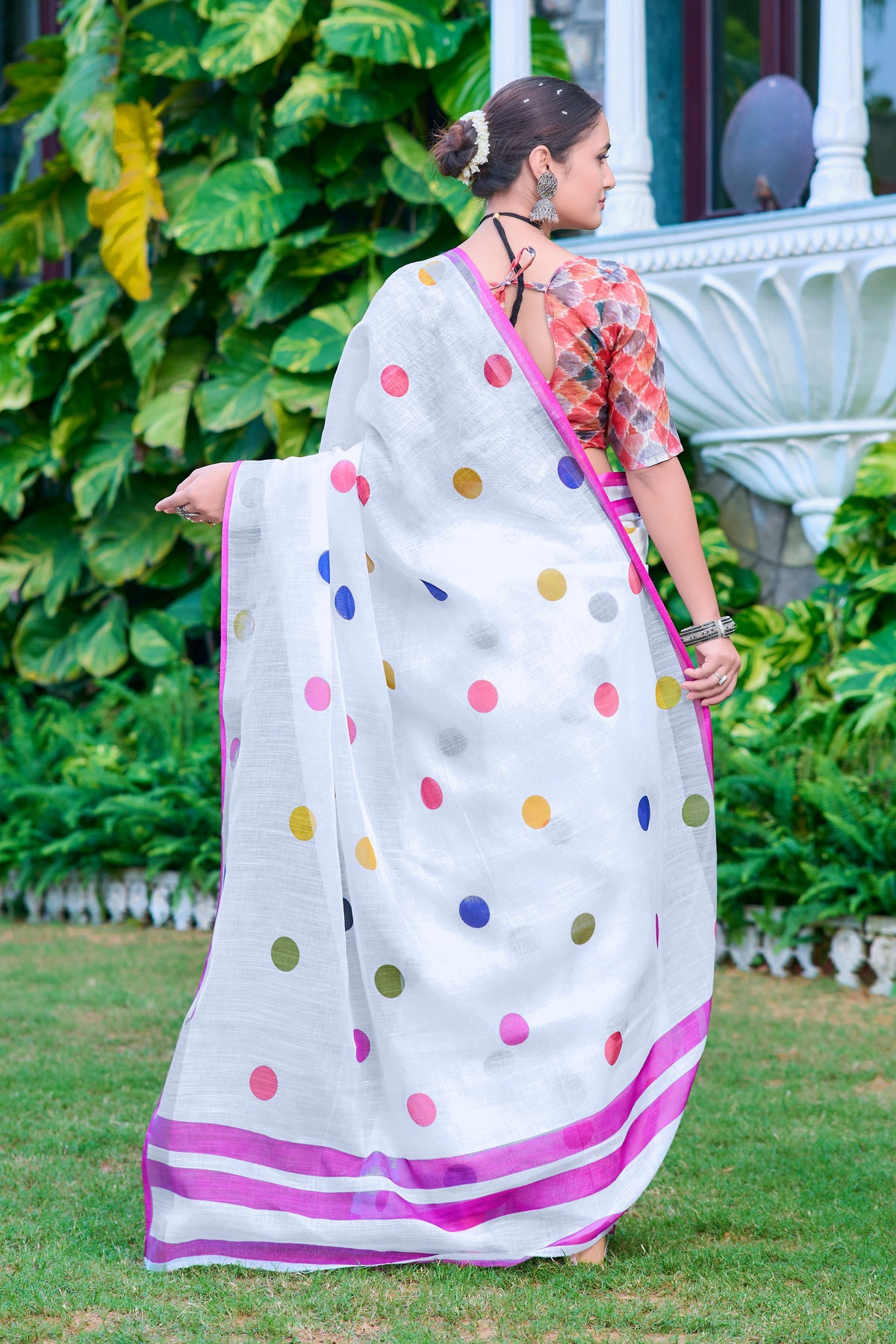 White Linen Cotton Designer Printed Ethnic Festive Saree