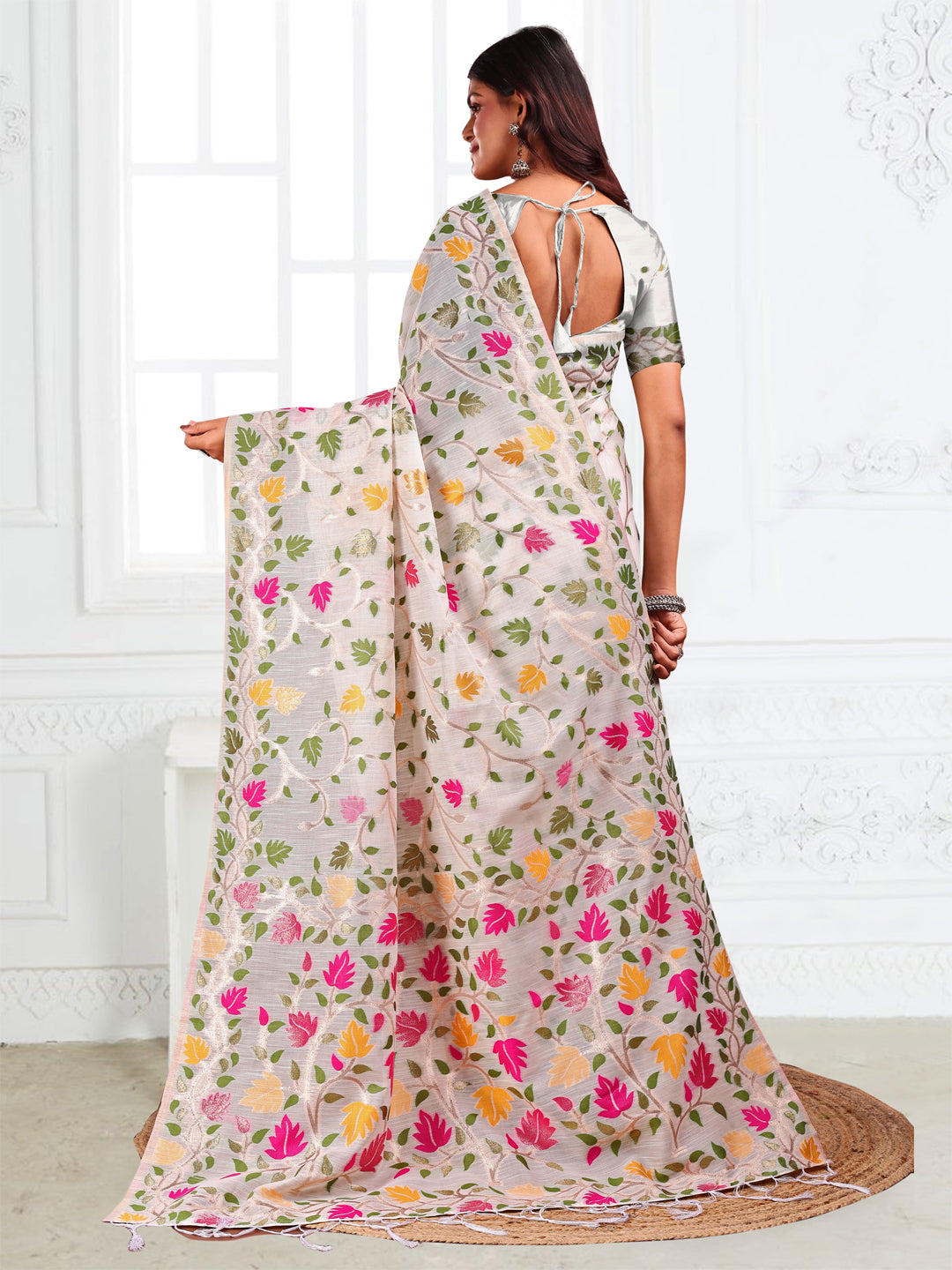 White Linen Cotton Woven Jacquard Designer Fancy Saree
