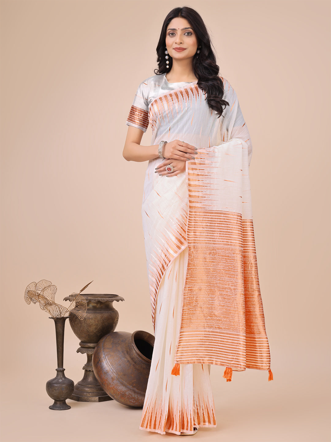 White Linen Cotton Woven Jacquard Designer Festive Wear Saree