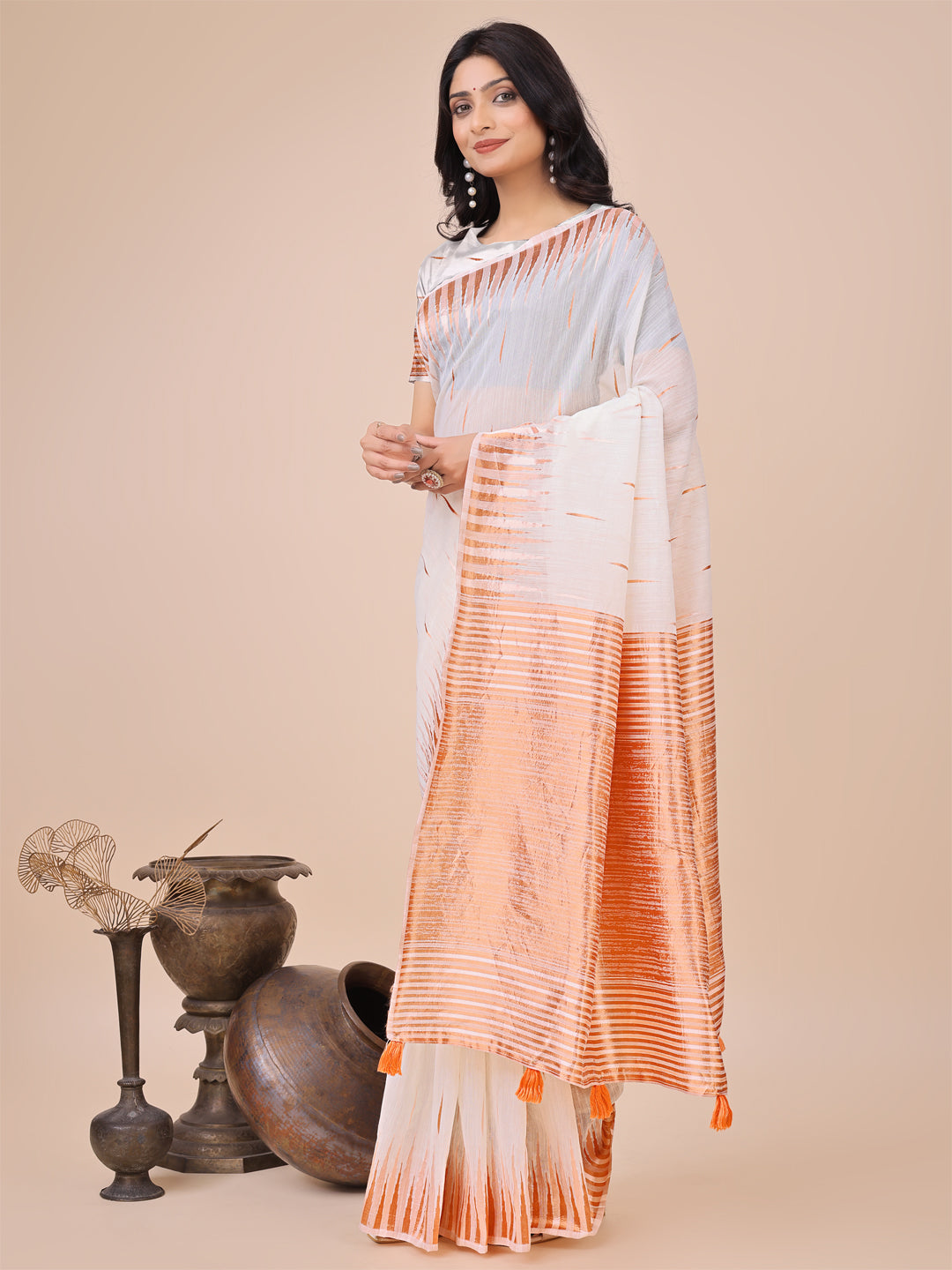 White Linen Cotton Woven Jacquard Designer Festive Wear Saree