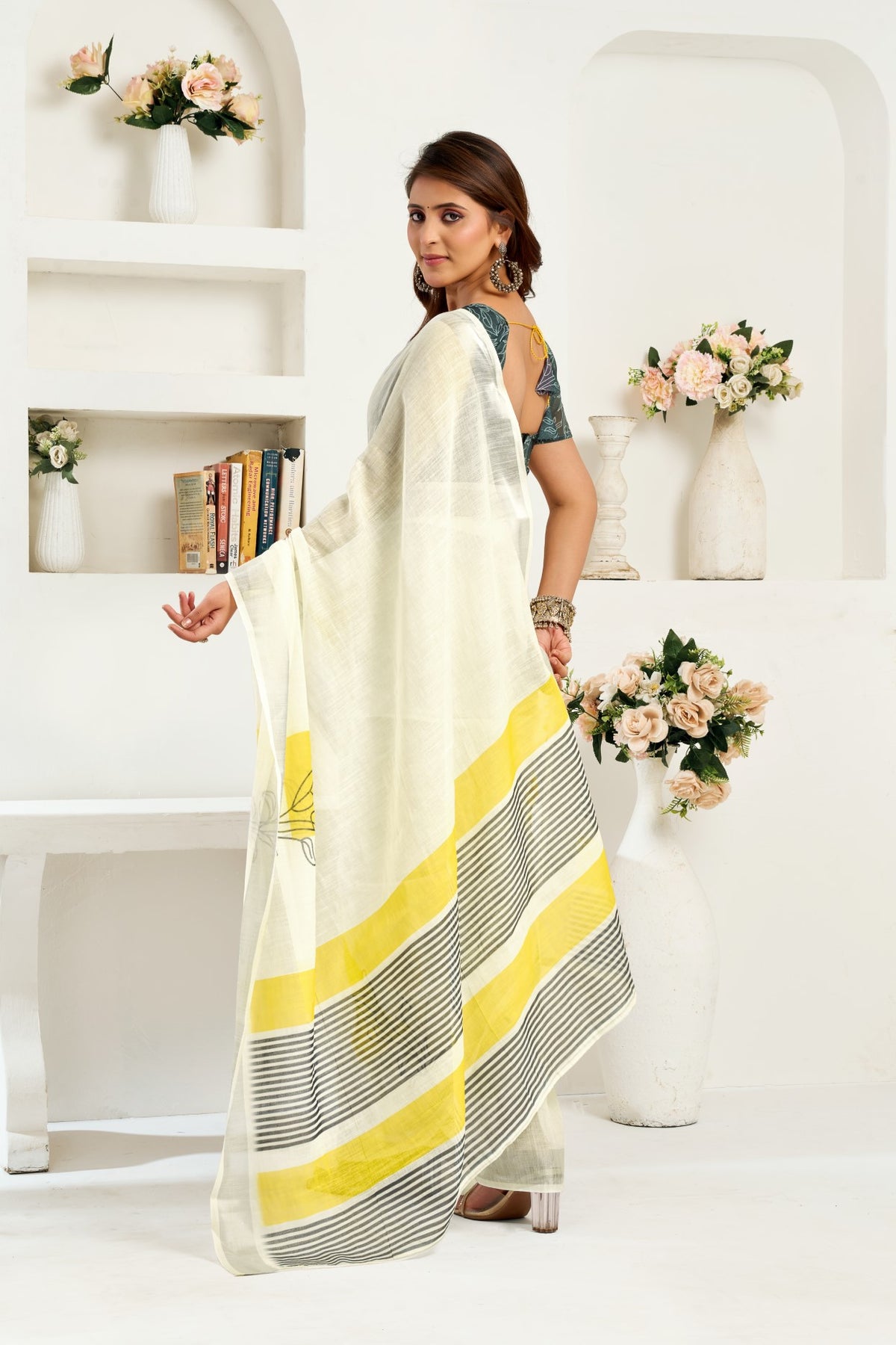 White Linen Ready To Wear Saree With Zari Border Printed